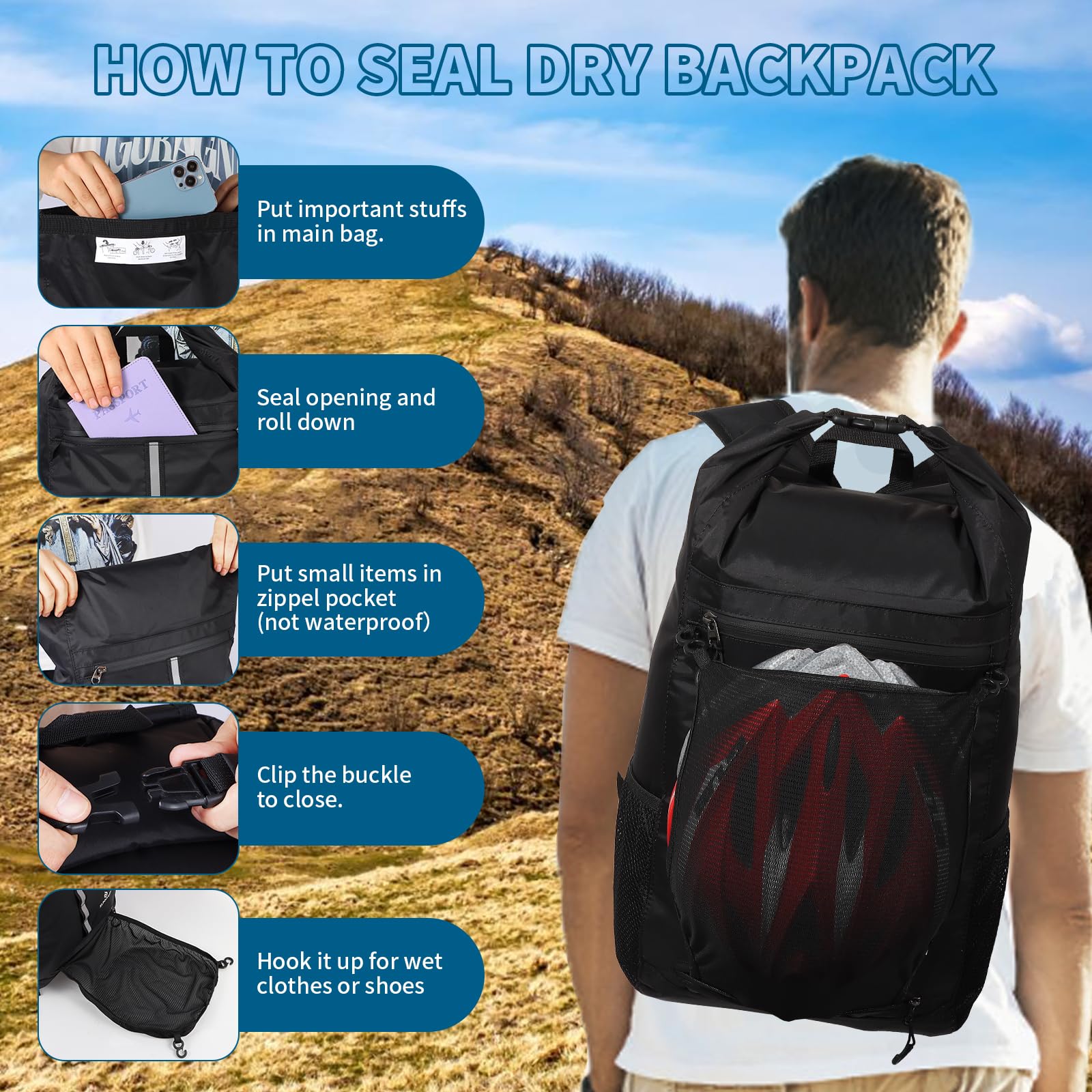 **20L Waterproof Dry Bag Backpack with Waist Pouch & Phone Case - Lightweight & Durable for Kayaking, Beach, Rafting, Boating, Hiking, Camping & Fishing (Black) - Perfect for Outdoor Adventures & Water Sports**