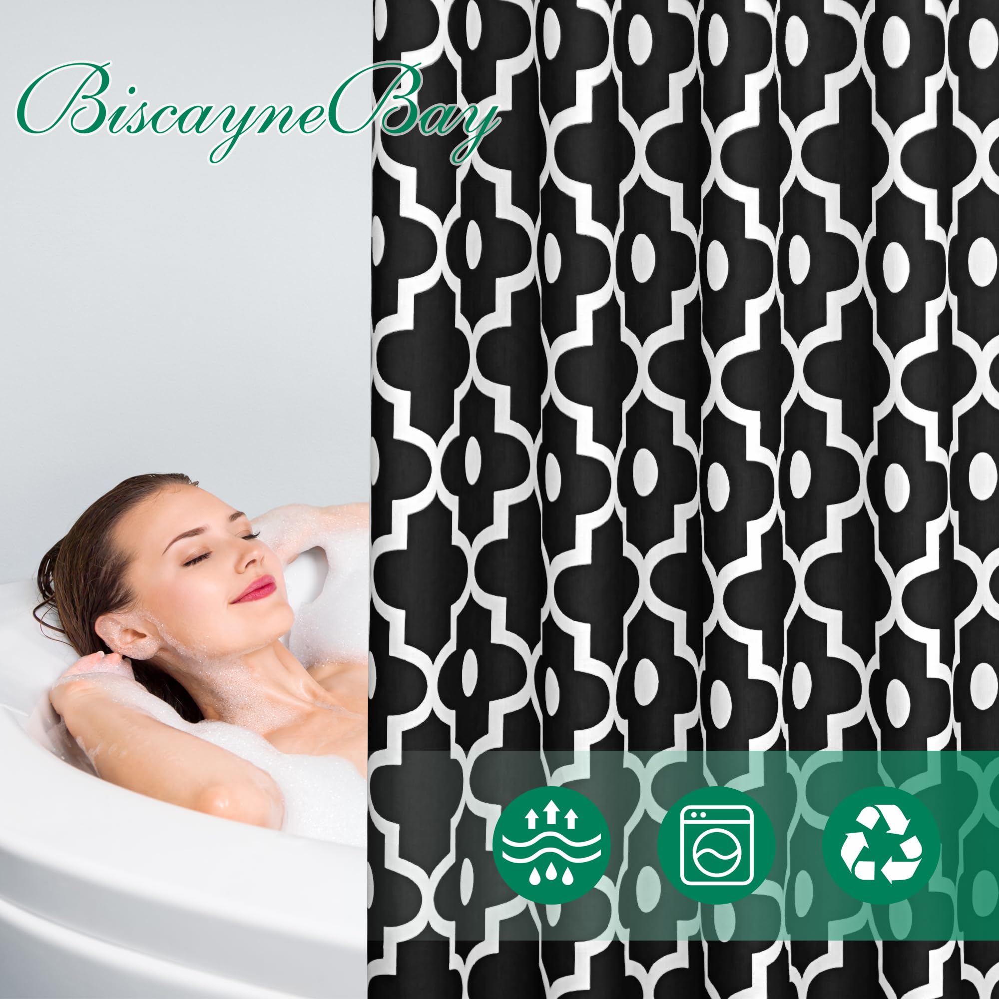 Biscaynebay Textured Fabric Shower Curtain 72x72 Inches - Black Morocco Pearl Printed Linen Bath Curtain for Modern Bathroom, Hotel Luxury Quality, Machine Washable | Perfect for Spa-Like Bathrooms & Upscale Hotel Decor