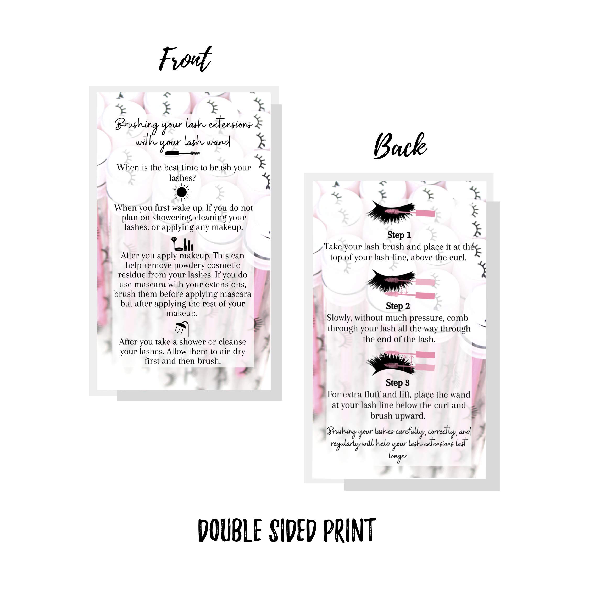How to Brush Your Eyelash Extensions Instruction Cards - 50 Pack | Matches Pink Lash Print Pattern Wands (White, Black, Pink) | Perfect for Lash Salons, DIY Kits & Professional Stylists