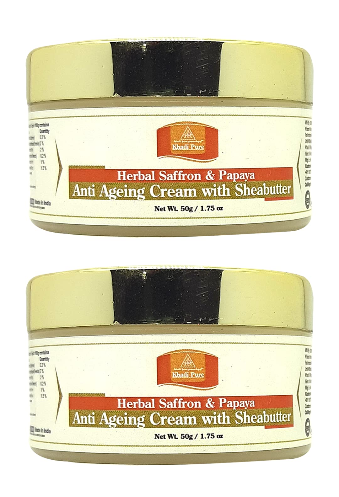 Khadi Pure Herbal Saffron & Papaya Anti-Aging Cream with Shea Butter - 50g (Pack of 2) - Natural Skincare for Wrinkles & Youthful Glow - Perfect for Night Routine & Dry Skin Care