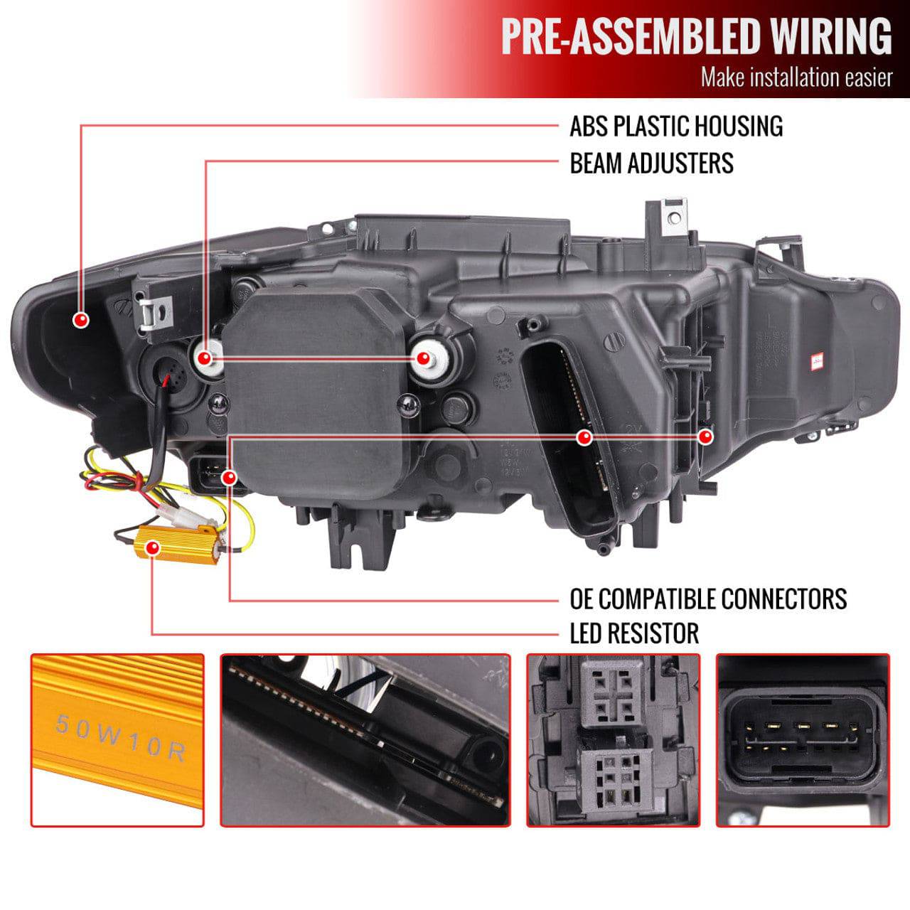 Spec D Tuning LED Headlight Set for 2012-2015 BMW F30 3 Series Sedan - Dual U Bar Projector HID Compatible Headlights with LED Turn Signals (Glossy Black/Smoke Lens) - Upgrade Your Night Driving Visibility