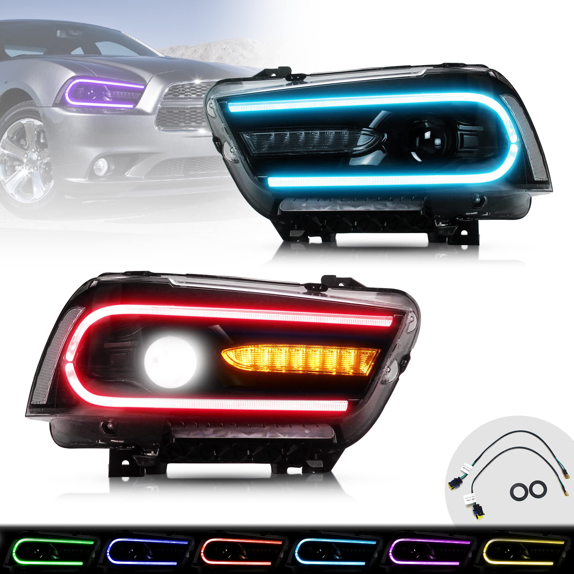 VLAND RGB LED Headlights for Dodge Charger 2011-2014 - Multicolor DRL Projector Lights with Dual Beam Lens & Sequential Turn Signals (Driver & Passenger Side) | Upgrade Your Ride for Night Driving & Car Shows (Not Compatible with 2012 Dodge Charger SE)