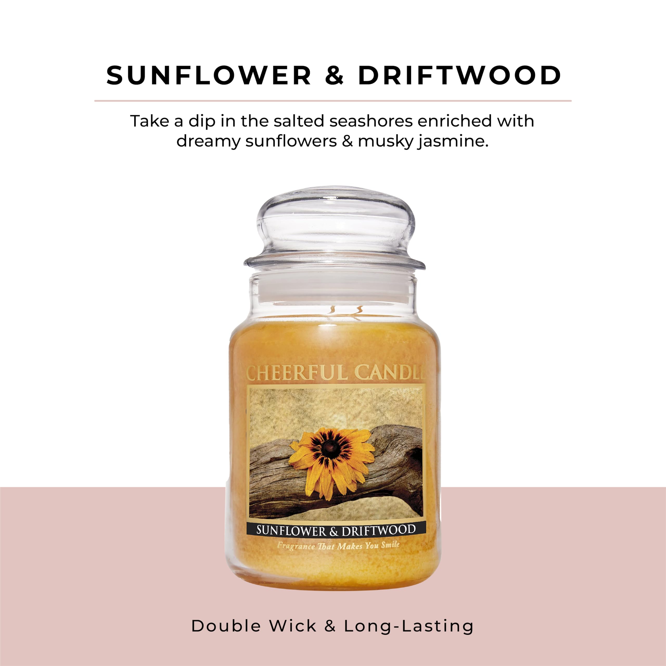 24oz Large Scented Candle Jar with Lid - Sunflower & Driftwood Fragrance - 135 Hours Burn Time - Cheerful Gift for Women - Perfect for Home Decor, Relaxation & Romantic Ambiance