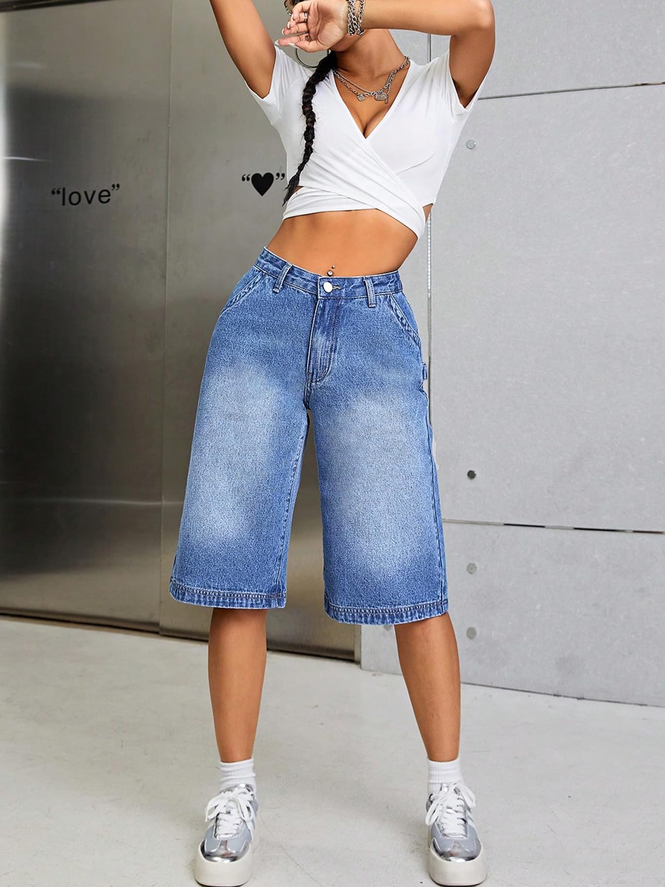 Milumia Women's Loose Low Waist Denim Wide Leg Bermuda Shorts - Comfortable Casual Summer Jeans for Streetwear & Vacation Outfits