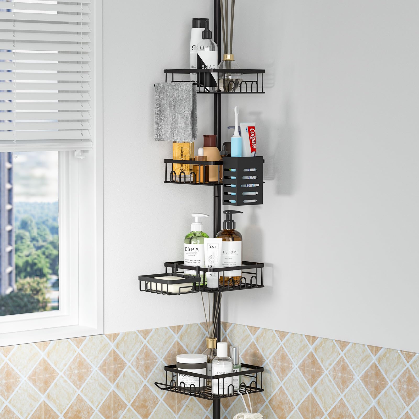 Adjustable Tension Shower Caddy 34-101 Inches - 4-Tier Rust-Resistant Freestanding Bathroom Organizer with Pole - Perfect for Bathtub, Shower & Corner Storage - Black