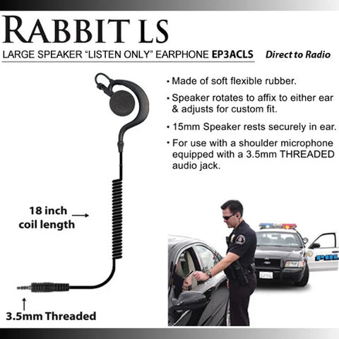 Rabbit Large Speaker Earhook Listen Only Earpiece with Long 3.5mm Threaded Cable - Hands-Free Audio for Driving, Cycling, and Office Use