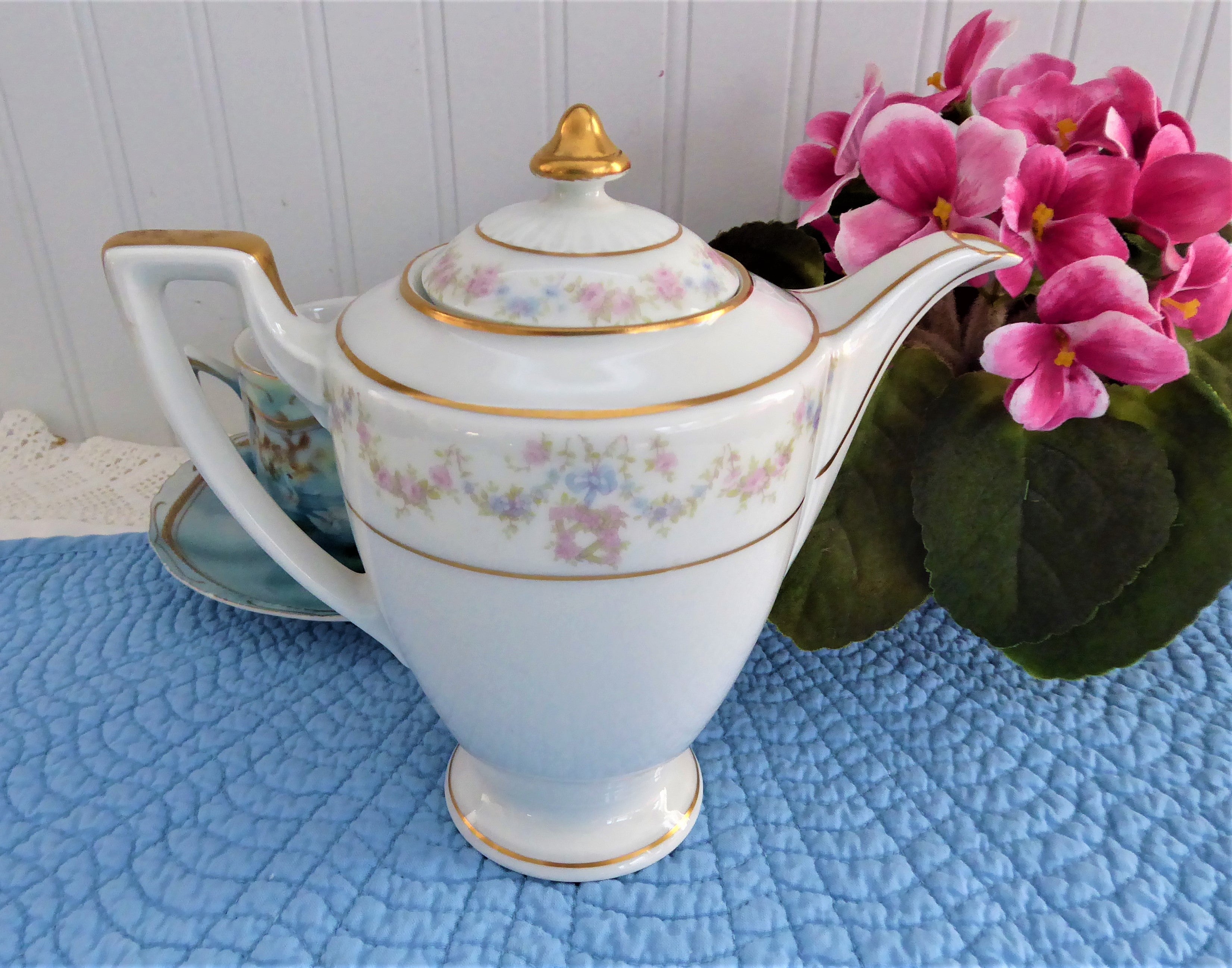 Antique Edwardian Chocolate Pot with Floral Swags & Blue Ribbon - Thomas Bavaria Porcelain Teapot - Perfect for Afternoon Tea, Victorian Tea Parties & Collectible Display