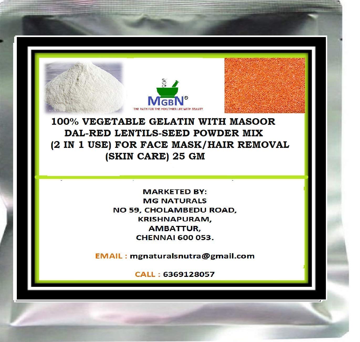 100% Natural Vegetable Gelatin with Masoor Dal & Red Lentils Powder - 2-in-1 Face Mask & Hair Removal for Glowing Skin - 25g | DIY Skincare & Beauty Treatment at Home