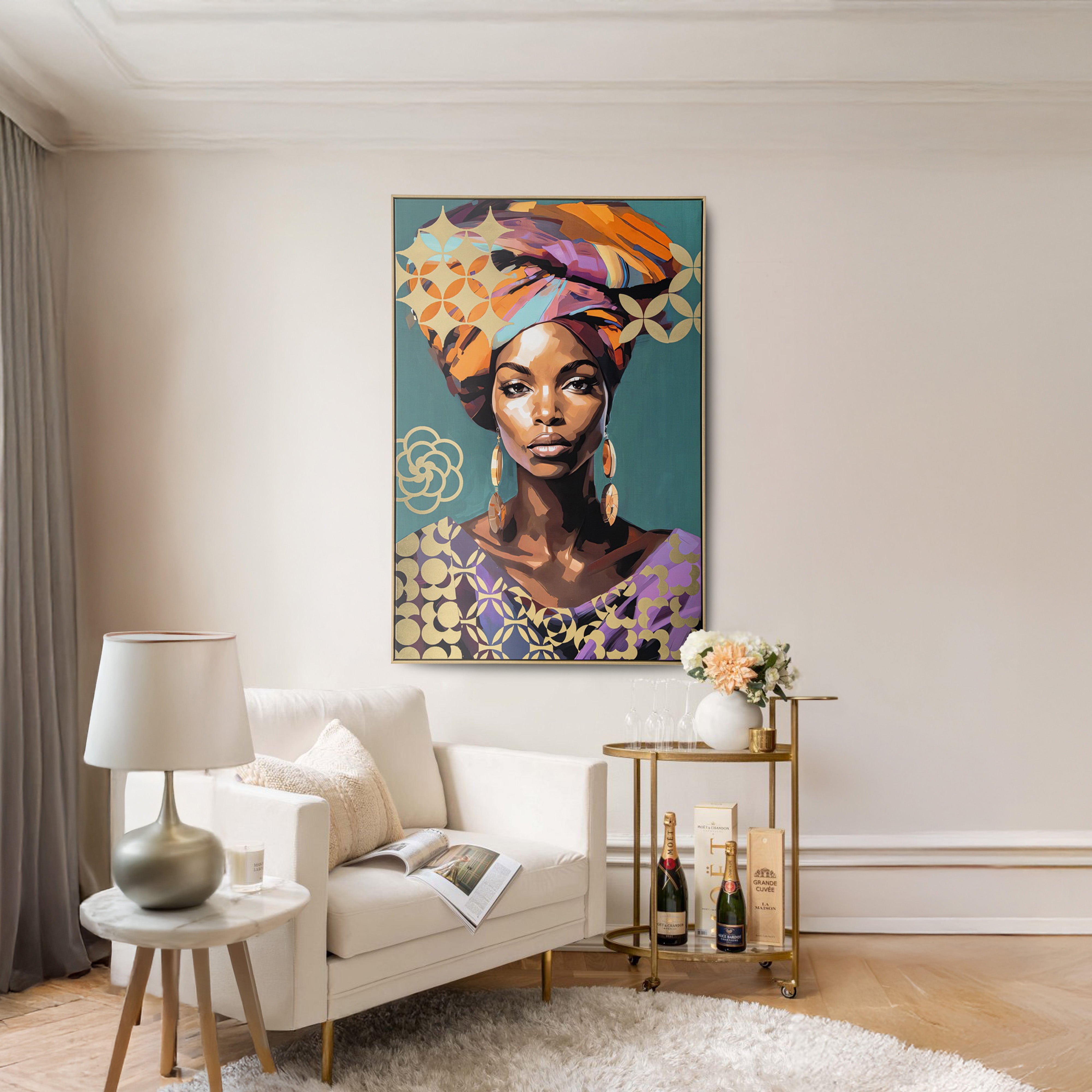 Urban Style Brushmarks Foiled Canvas African Woman Teal Wall Art - Handmade Home Decor for Living Room, Bedroom & Office
