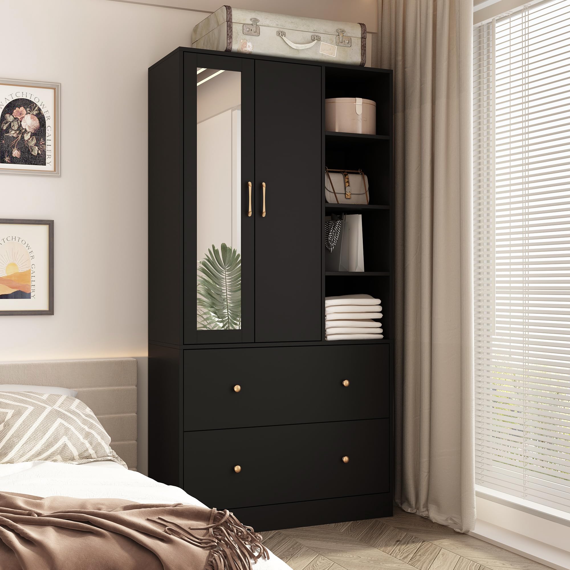 Homsee Wooden Wardrobe Armoire with Mirror - 2 Doors, 2 Drawers & 4 Open Storage Cubes - Freestanding Closet with Hanging Rod for Bedroom Organization - Black (35.5”L x 15.8”W x 70.8”H) - Perfect for Small Spaces, Apartments and Dorm Rooms