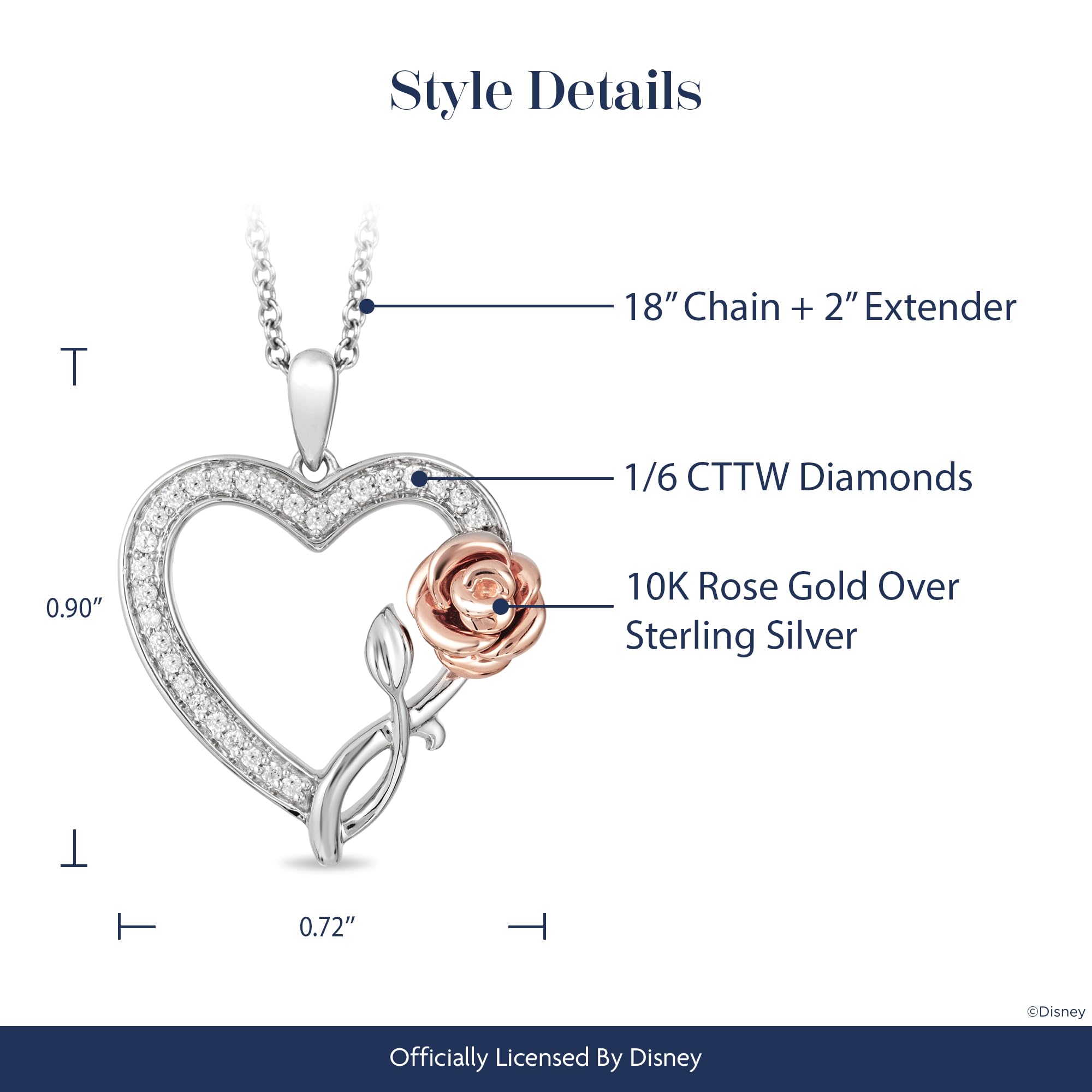 Enchanted Disney Belle Rose Heart Pendant - 10K Rose Gold & Sterling Silver with 1/6 CTTW Diamonds | Fine Jewelry Gift for Women | Perfect for Anniversaries, Birthdays & Special Occasions