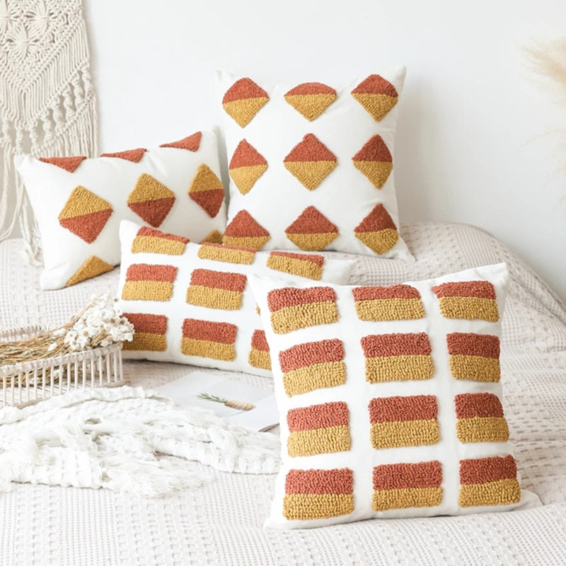 Ochre Tufted Cushion Cover - Soft Bohemian Pillow Case for Sofa, Bed & Home Decor - Perfect for Living Room, Bedroom & Cozy Spaces