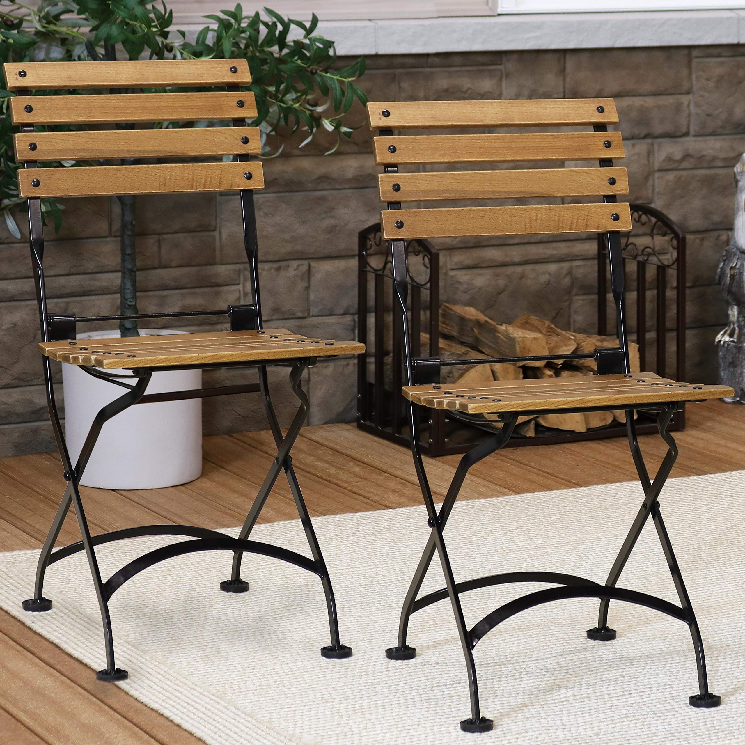 Sunnydaze European Chestnut Wooden Folding Dining Chairs Set of 2 - Sturdy Indoor Outdoor Patio Furniture for Dining Room, Garden, Picnic, and Camping