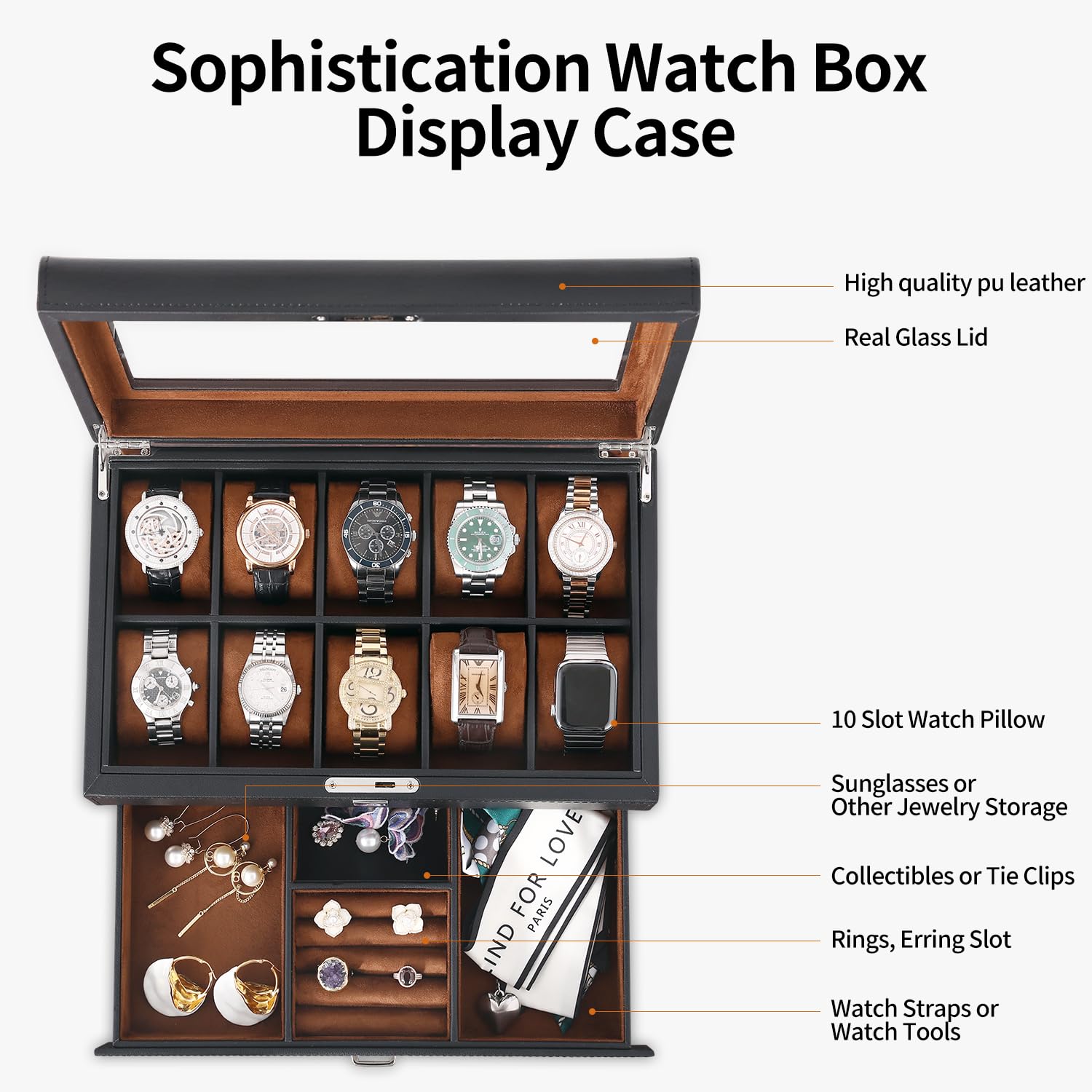 Premium Leather Watch Box with Drawer - 10 Slot Locking Jewelry & Watch Organizer for Men - Luxury 2-Tier Watch Case Display - Perfect for Watch Collection Storage & Travel Use