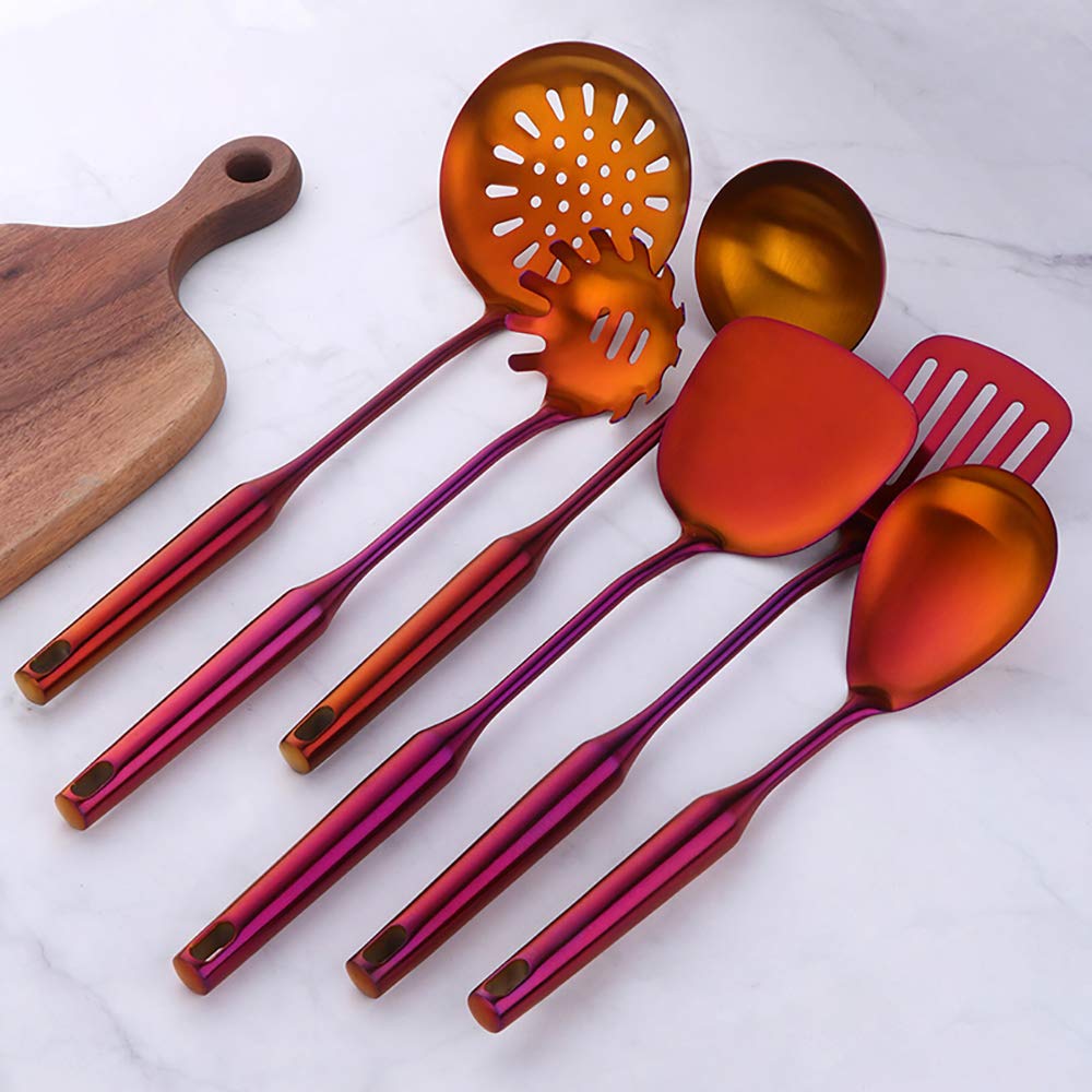 Premium 18/8 Stainless Steel Kitchen Utensil Set - 10 Piece Cooking Tools with Long Handles (Orange Red) | Non-Slip Grip & Heat Resistant | Ideal for Frying, Baking & Everyday Cooking