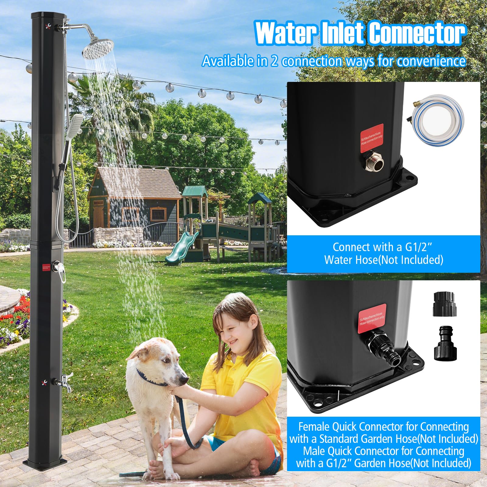 Goplus 9.3 Gallon Solar Heated Outdoor Shower - 7.2 FT Freestanding Garden Shower with 360° Swivel Shower Head, Foot Shower & Temperature Adjustment - Perfect for Poolside, Backyard, Beach & Camping (Black with Handle Head)