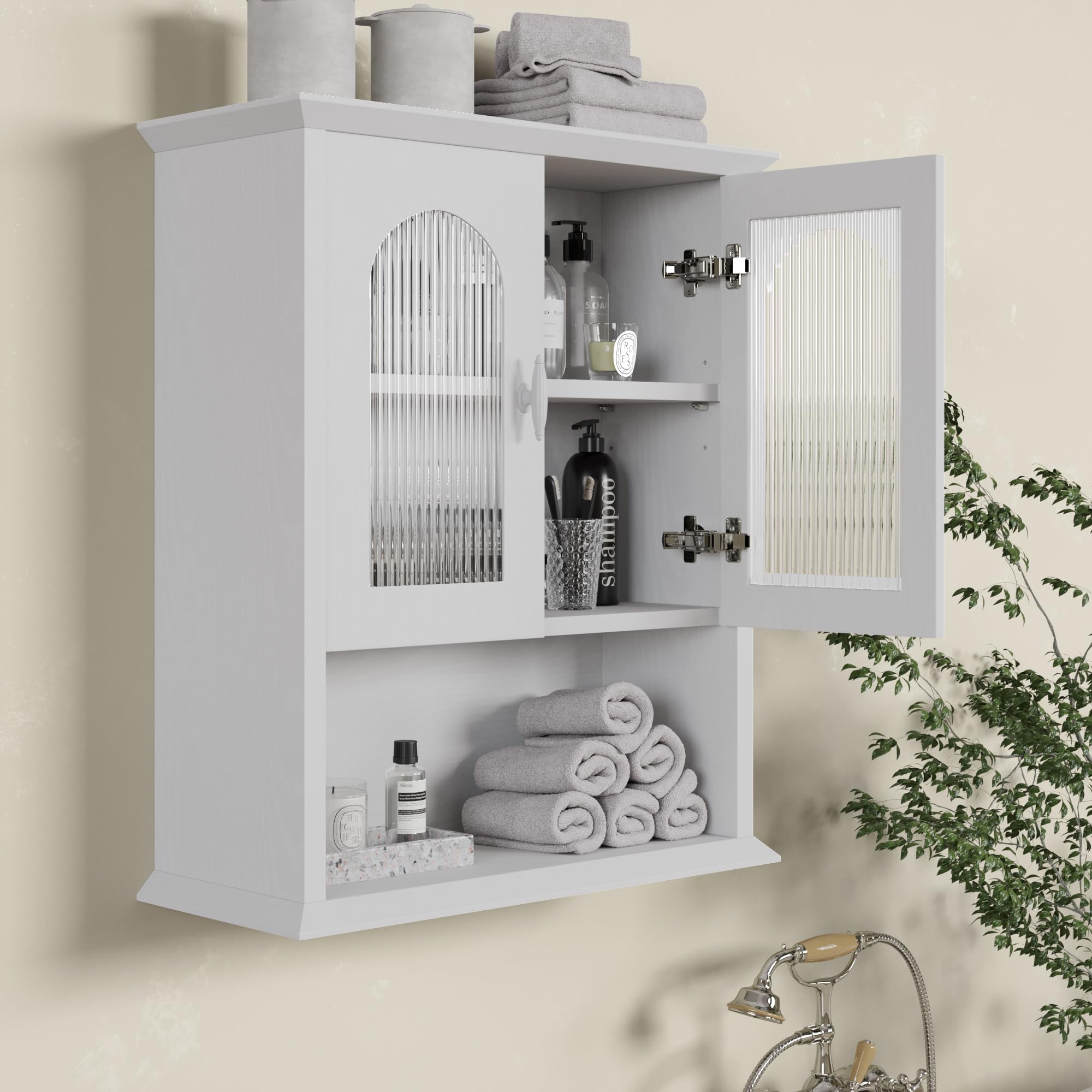 18.9'' x 23.6'' White Fluted Door Bathroom Wall Cabinet - Over The Toilet Medicine Storage Cabinet for Bathroom Organization | Perfect for Small Spaces, Apartments & Modern Bathrooms