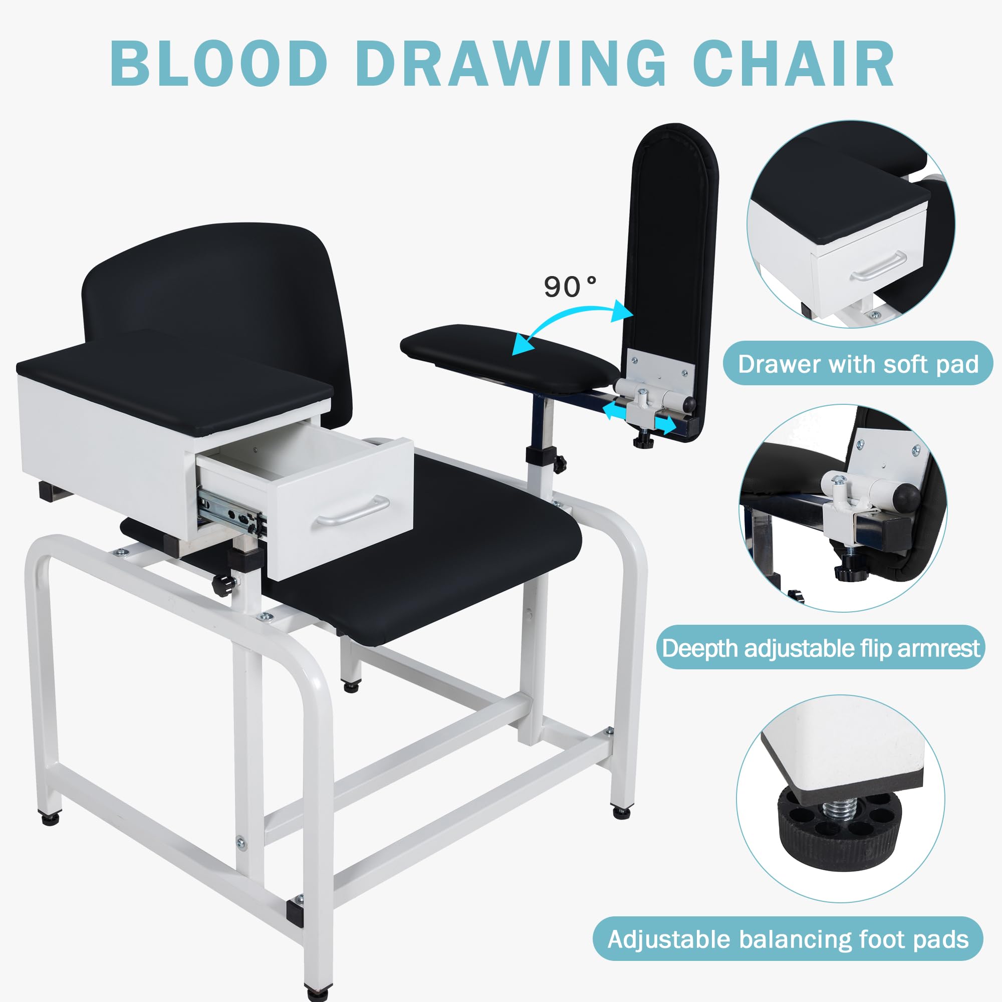COOLWAVE Adjustable Phlebotomy Chair with Drawer - Extra Thick Padded Lab Blood Drawing Chair with Armrest (Black) - Perfect for Medical Clinics, Hospitals & Blood Donation Centers