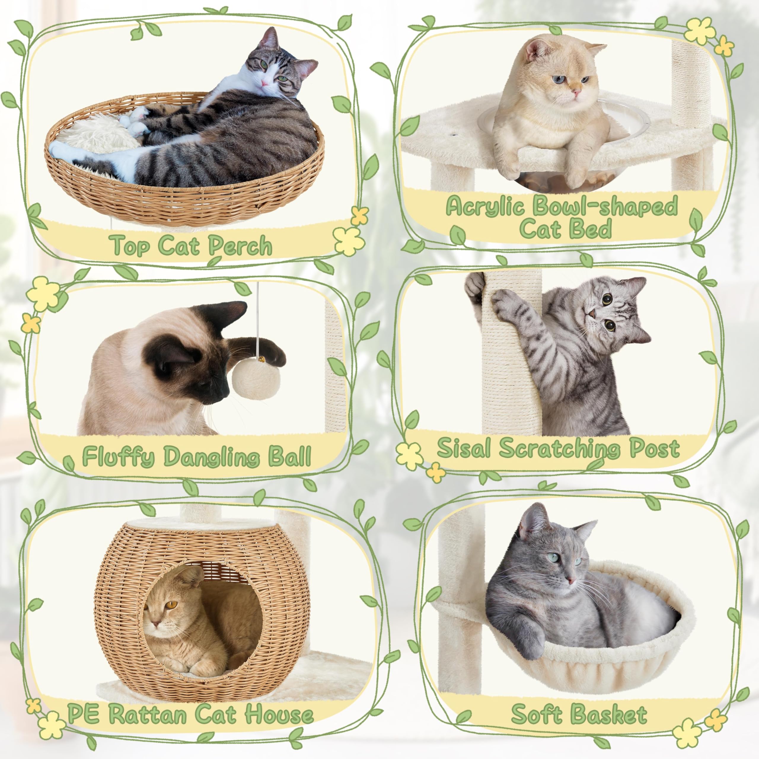 Yaheetech 54in Rattan Cat Tree Tower with Luxury Woven Condo, Clear Bowl & Washable Cushions - Multi-Level Cat Furniture with Scratching Posts for Indoor Cats - Perfect for Small Spaces, Apartments & Play Areas