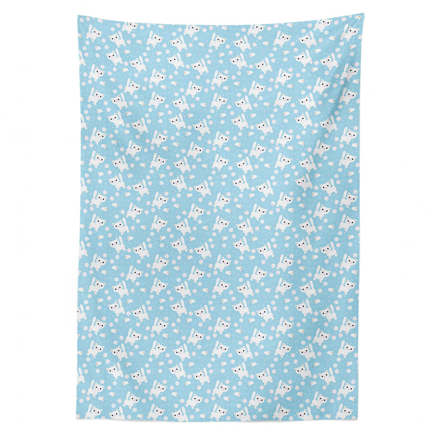 Ambesonne Cartoon Cat Tablecloth - Funny Feline with Yarn Ball & Mouse Design, Dotted Background Satin Dining Table Cover 60x90 Inches, Cream & Blue - Perfect for Kitchen, Dining Room, and Party Decorations