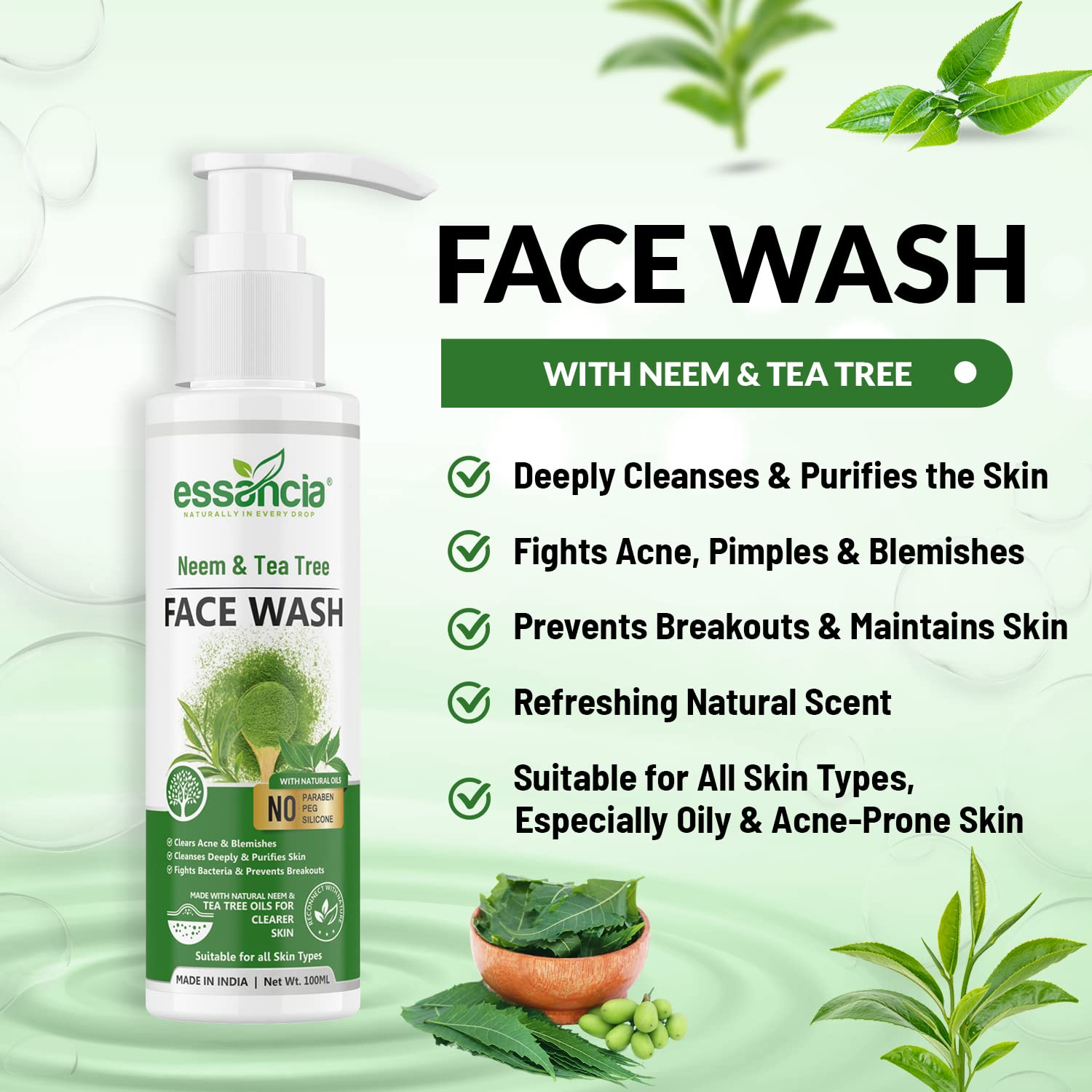 Essancia Neem & Tea Tree Face Wash for Acne-Prone Skin - 100ml Deep Cleansing & Purifying Formula | Paraben-Free, Silicone-Free | Men & Women | Daily Skincare Routine & Post-Workout Refresh