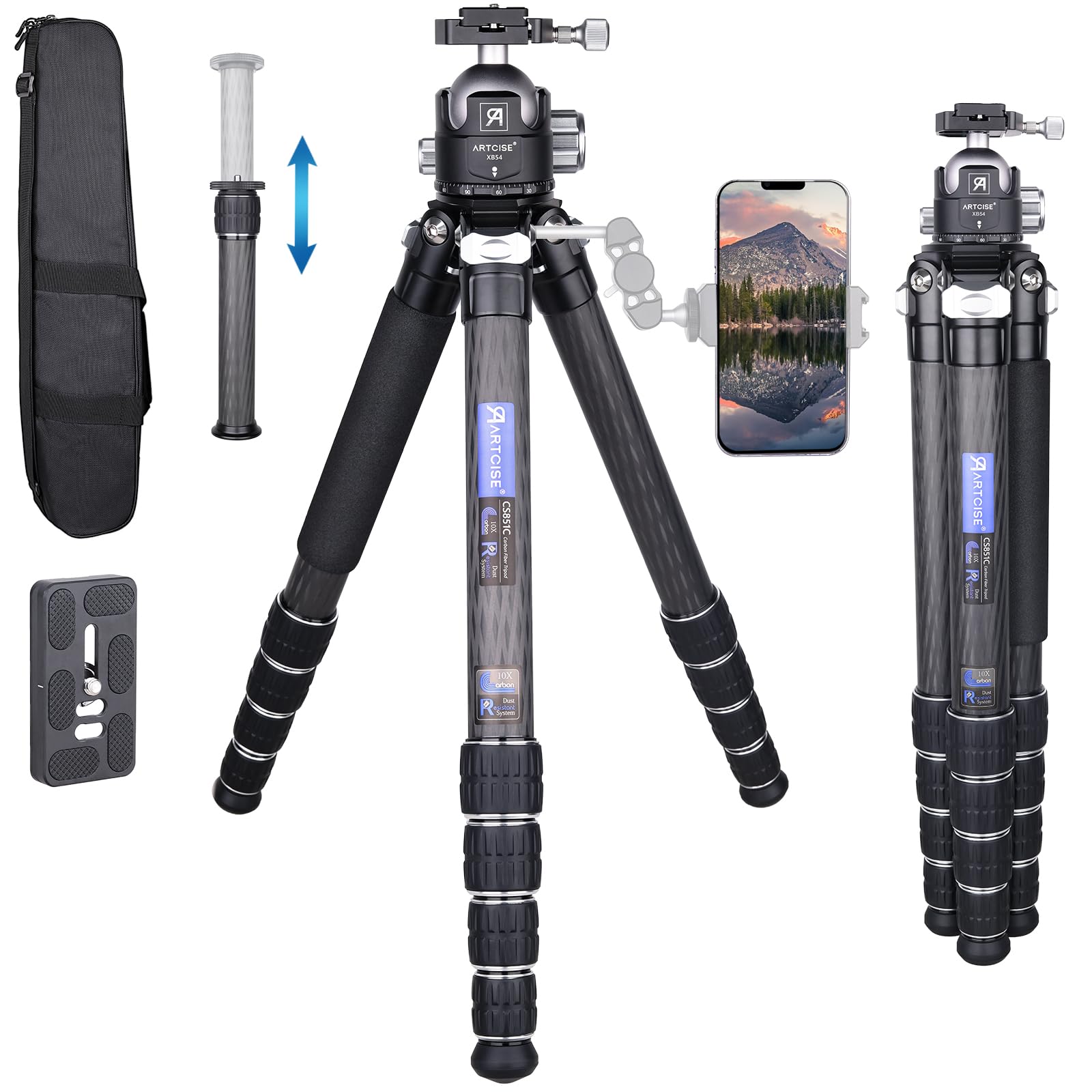 ARTCISE Compact Lightweight Carbon Fiber Travel Tripod - 54mm Ball Head, 36mm Carbon Tube, 30kg Max Load - Perfect for Photography, Hiking & Travel