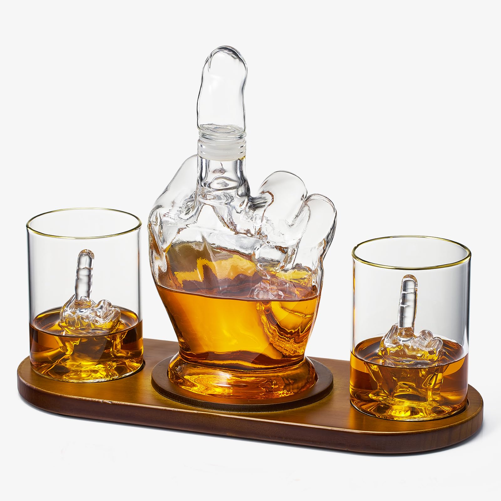 Funny Middle Finger Whiskey Decanter & Glass Set - Mahogany Wood Novelty Gift for Adults | Flip Off Wine Decanter & Glasses | Perfect Gag Gift for Birthdays, Bachelor Parties & Office Pranks