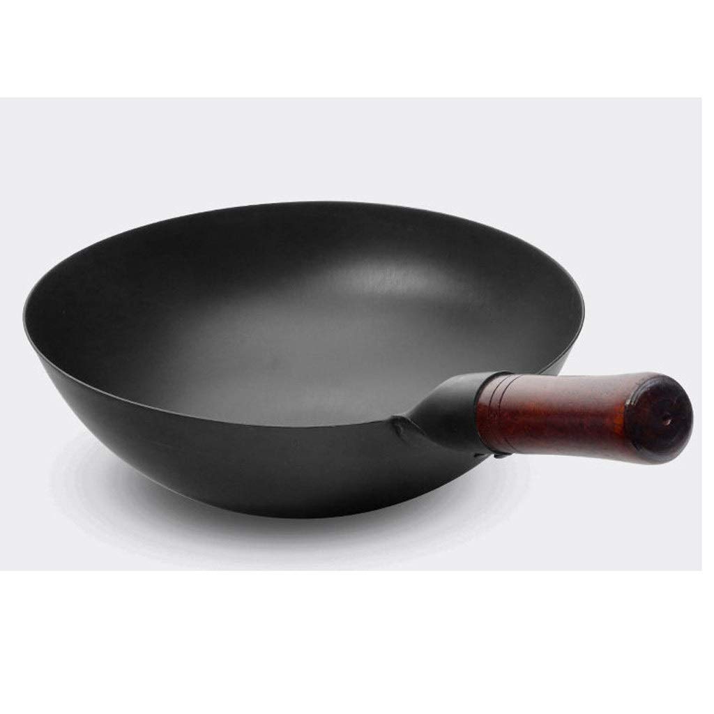 LIUZH Traditional Cast Iron Wok Pan - Non-Stick, Multi-Purpose Chinese Cooking Pan with Beech Wood Handle - Compatible with All Stoves (Gas, Electric, Induction) - Perfect for Stir-Frying, Deep Frying & Restaurant-Style Cooking