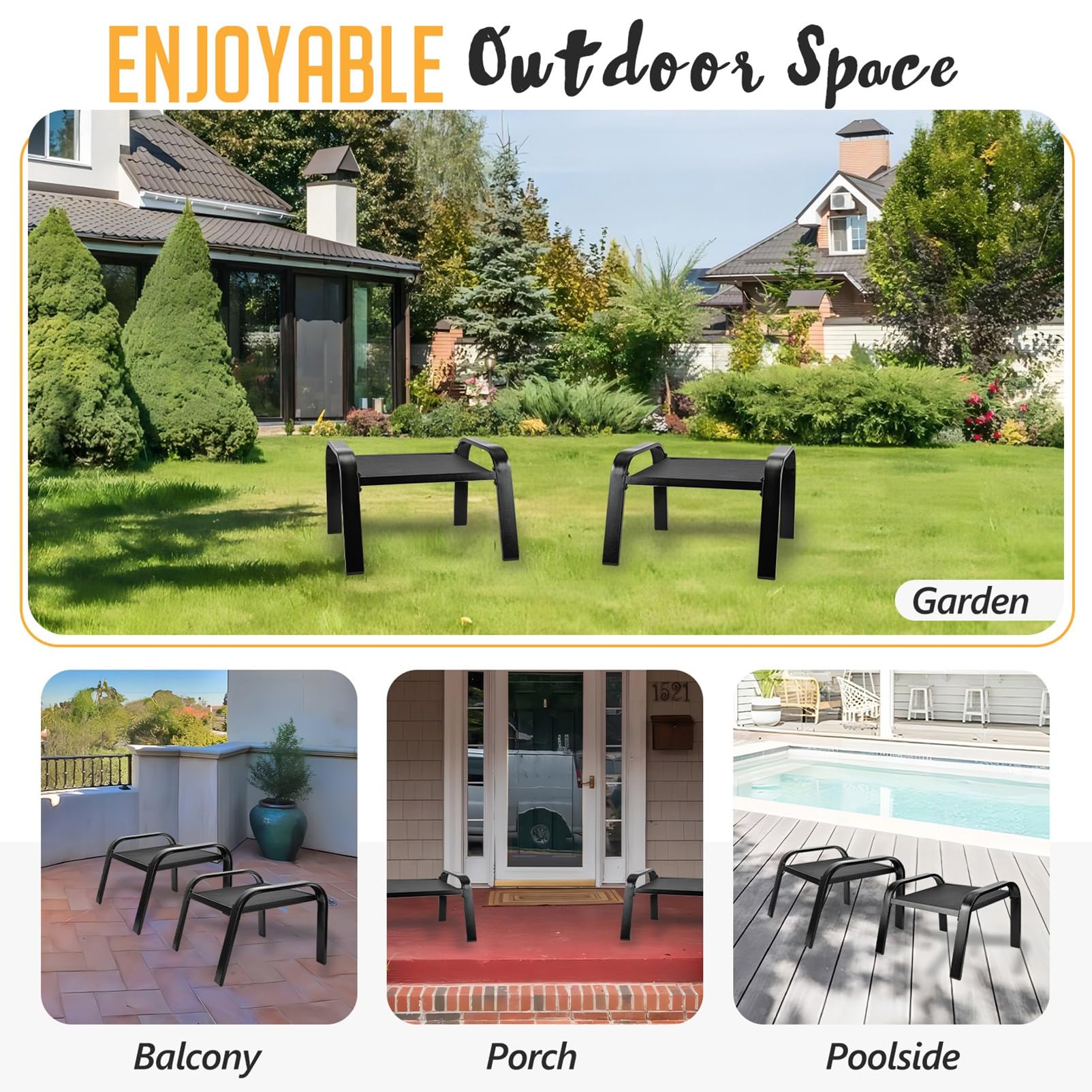 All-Weather Outdoor Patio Ottoman Set of 2 - Waterproof Garden Footrest with Cushion, Black Coffee Table for Backyard, Porch & Poolside Relaxation | Perfect for Lounging, Entertaining & Outdoor Decor
