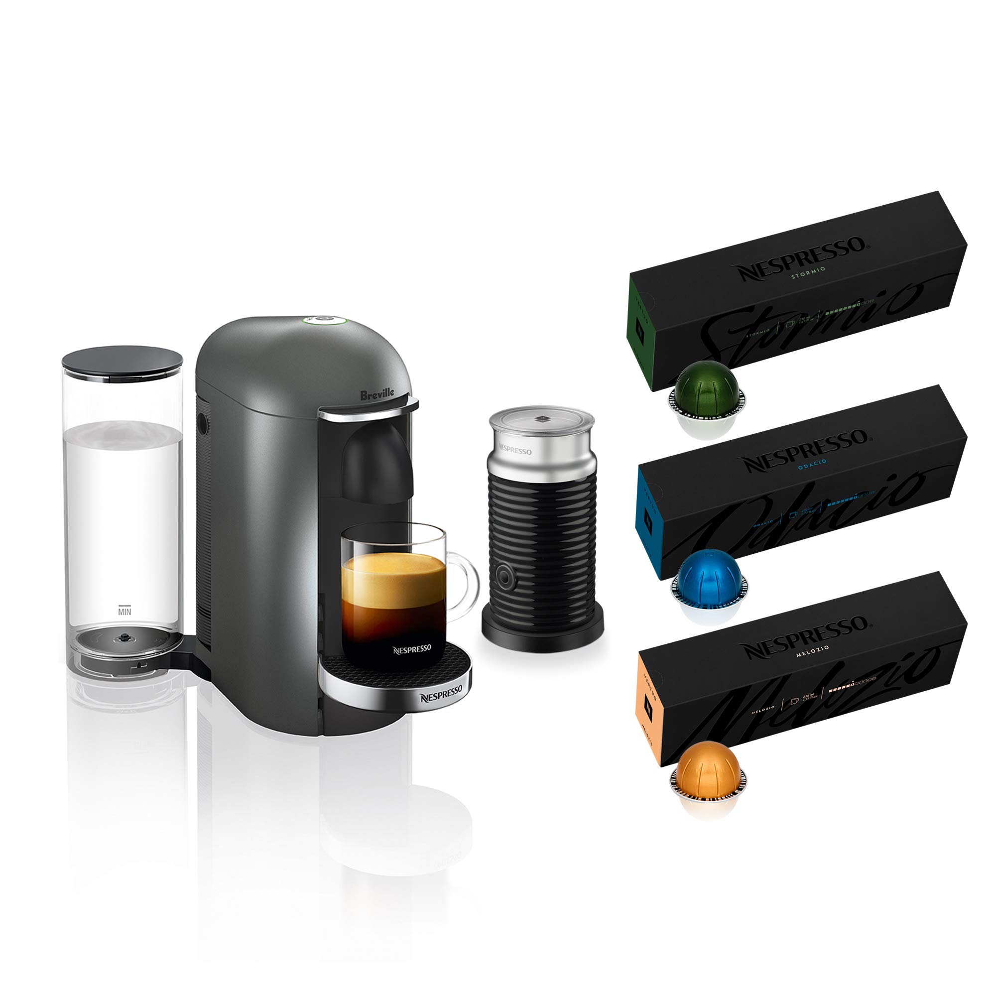 Nespresso VertuoPlus Deluxe Coffee and Espresso Machine by Breville with Aeroccino Milk Frother, Titan - Perfect for Home, Office, and Gift Giving