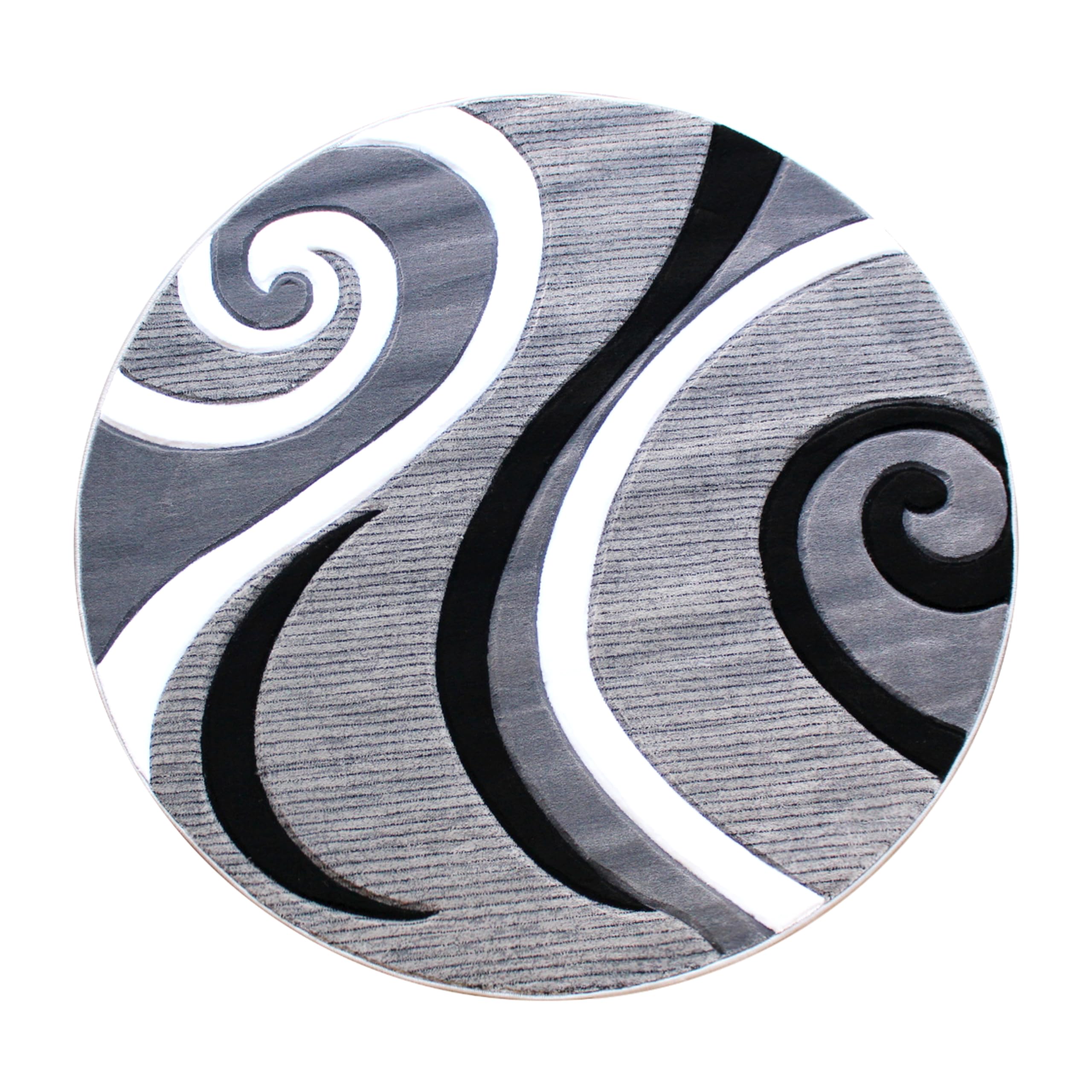 EMMA + OLIVER Olefin Accent Rug - Gray Contemporary Swirl Pattern - 8x8 Round - 3D Sculpted Effect - Stain Resistant - Modern Home Decor for Living Room, Bedroom & Office