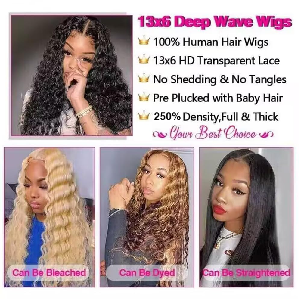 CHEETAHBEAUTY 13x6 HD Transparent Lace Front Wig - 100% Brazilian Human Hair Deep Wave 10A Grade - Pre Plucked with Baby Hair, 250% Density, 16 Inch Natural Black - Perfect for Daily Wear, Parties & Special Occasions for Black Women
