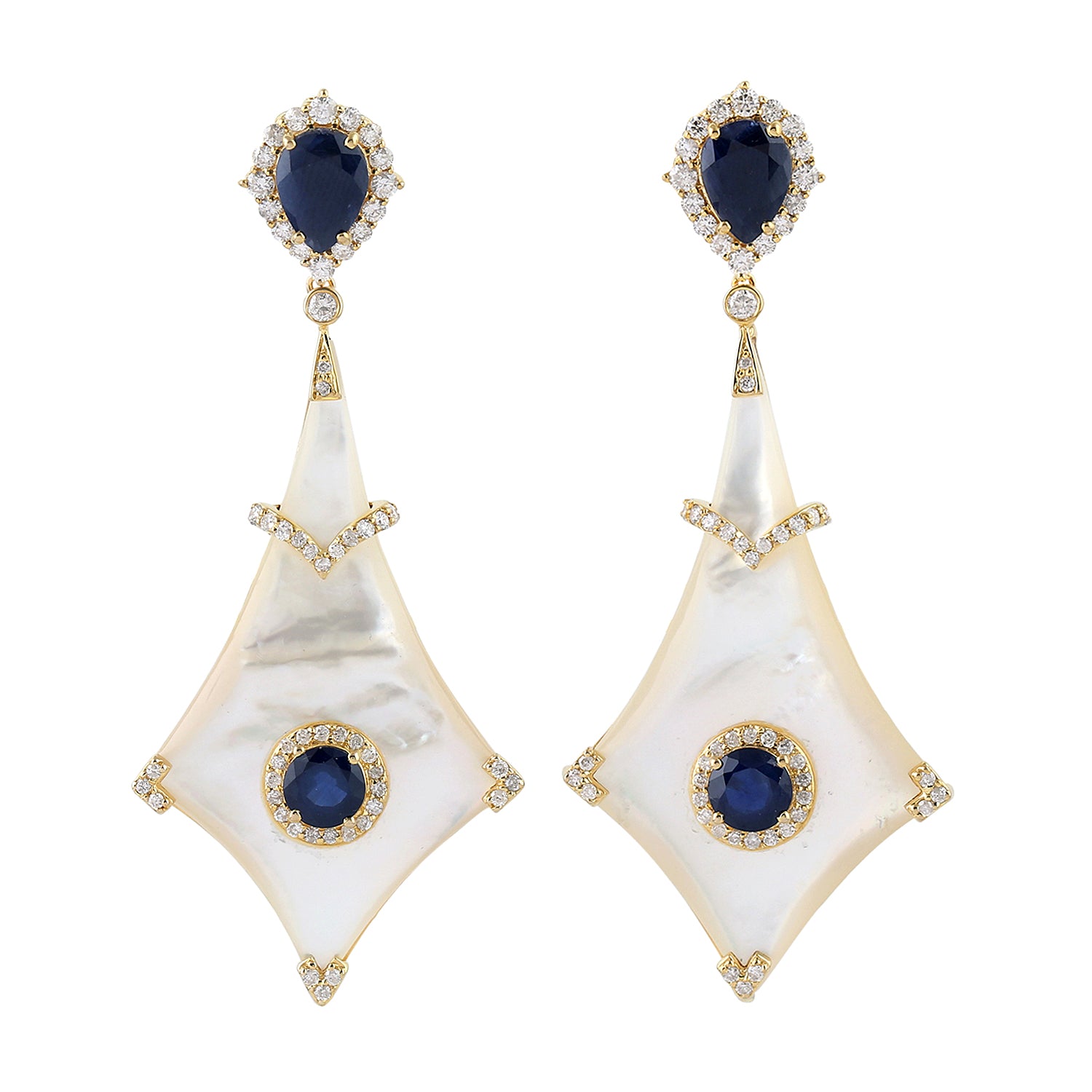 18K Yellow Gold Blue Sapphire Fancy Cut MOP Pave Diamond Dangle Earrings | Elegant Jewelry for Weddings, Parties & Special Occasions