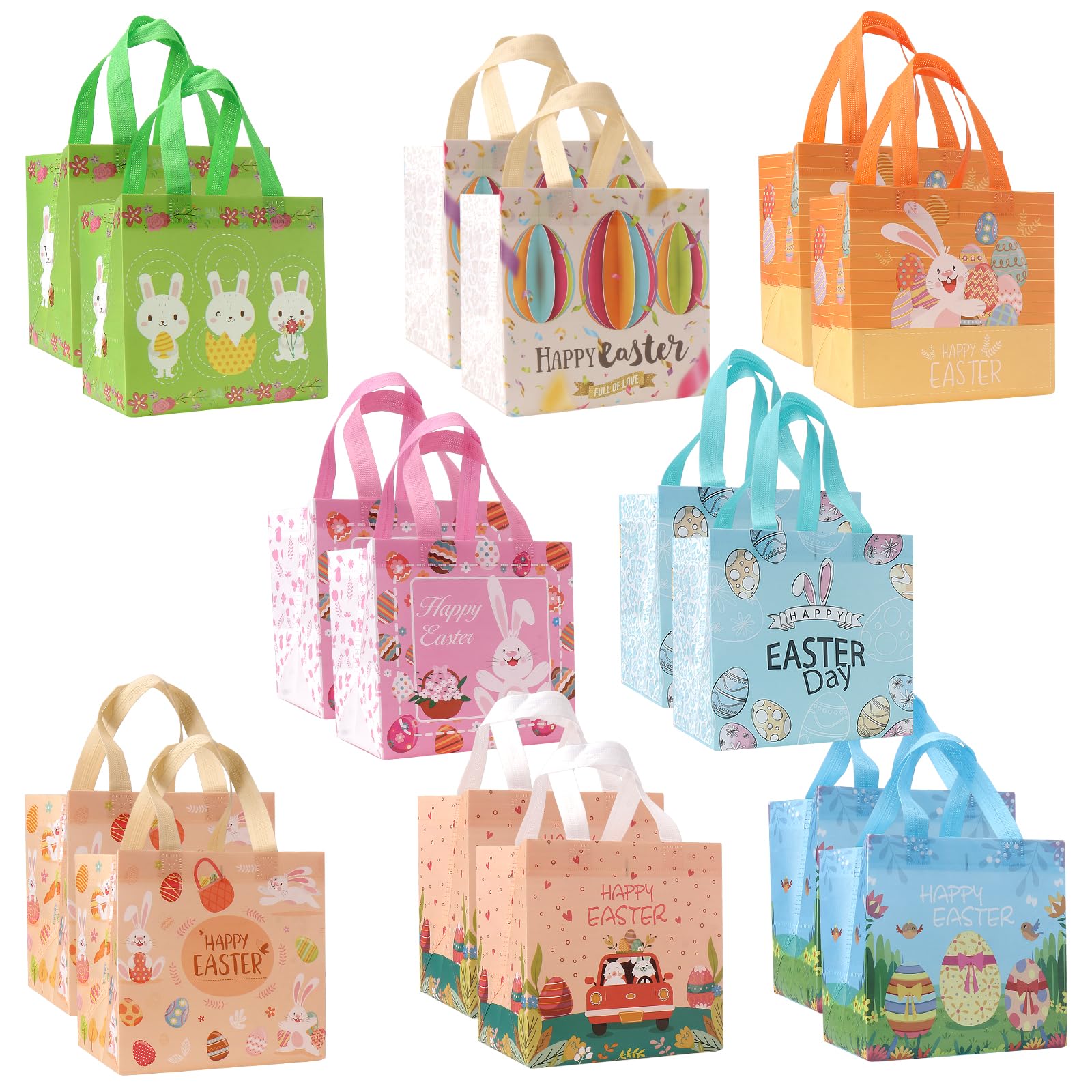 16PCS Easter Gift Bags for Kids - Reusable Bunny Egg Tote Bags with Handles for Easter Egg Hunt Party Supplies | Easter Basket Stuffers, Classroom Treat Bags, Spring Celebration Favors