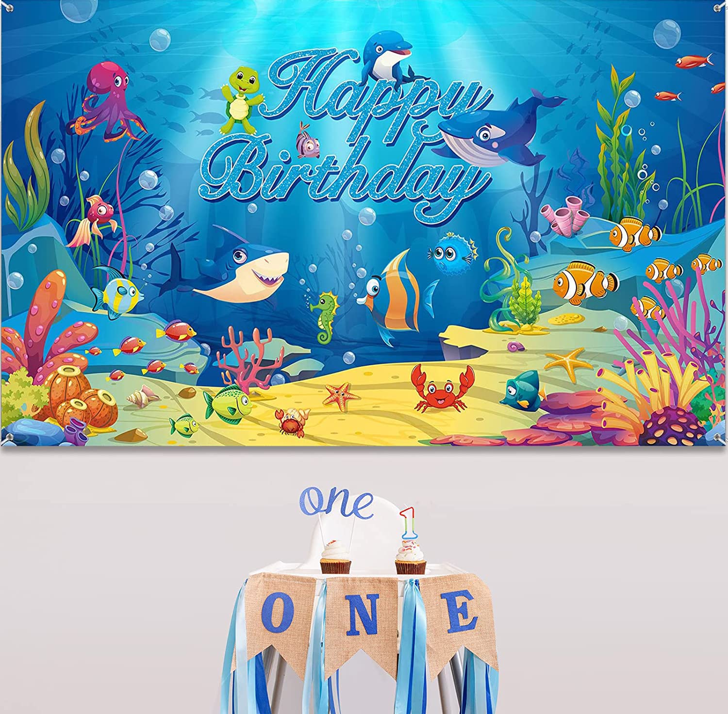 Shark & Ocean Animal Birthday Backdrop - 72.8x43.3 Inch Under The Sea Photography Background for Kids Party Decorations | Dolphin Shark Theme Party Supplies for Birthday Celebrations & Baby Showers