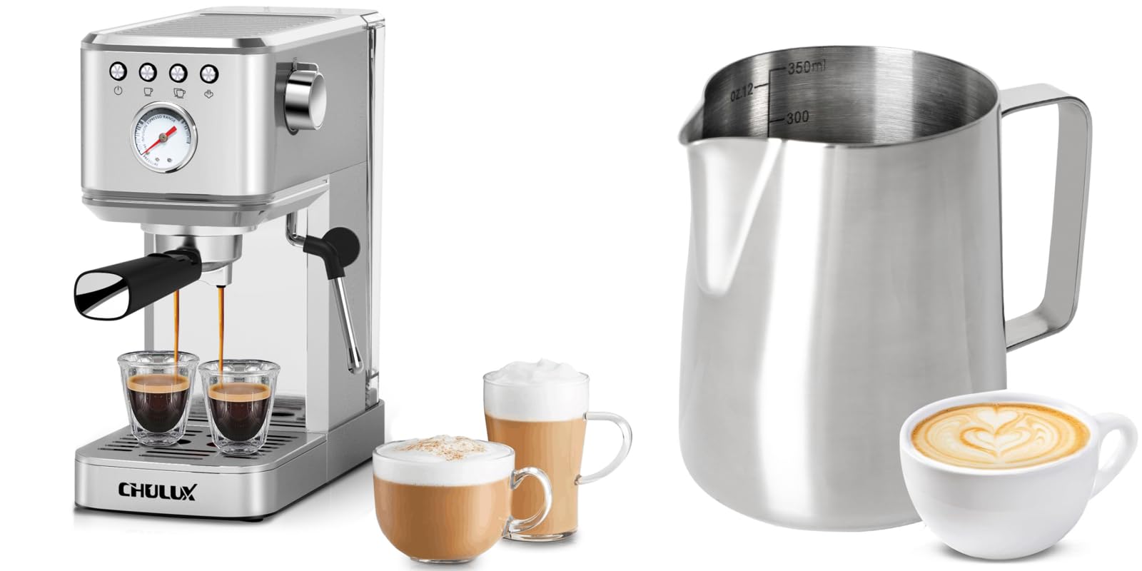 CHULUX Compact Espresso Machine with Milk Frother - 15 Bar Pressure, 12oz Stainless Steel Milk Pitcher - Perfect for Home Baristas & Small Coffee Shops