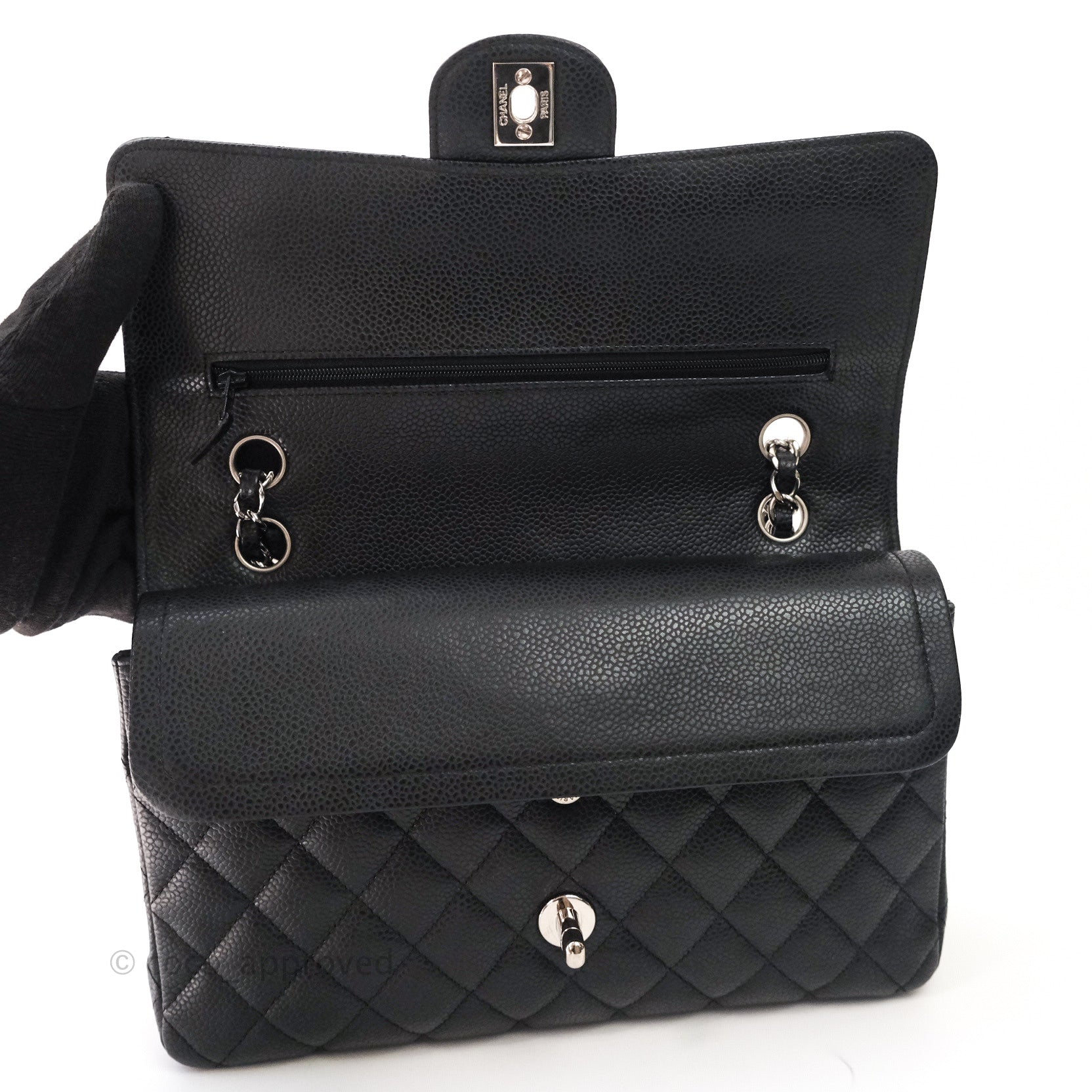 Chanel Classic M/L Medium Double Flap Bag Black Caviar Leather with Silver Hardware - Luxury Handbag for Women, Perfect for Work, Evening Events & Special Occasions
