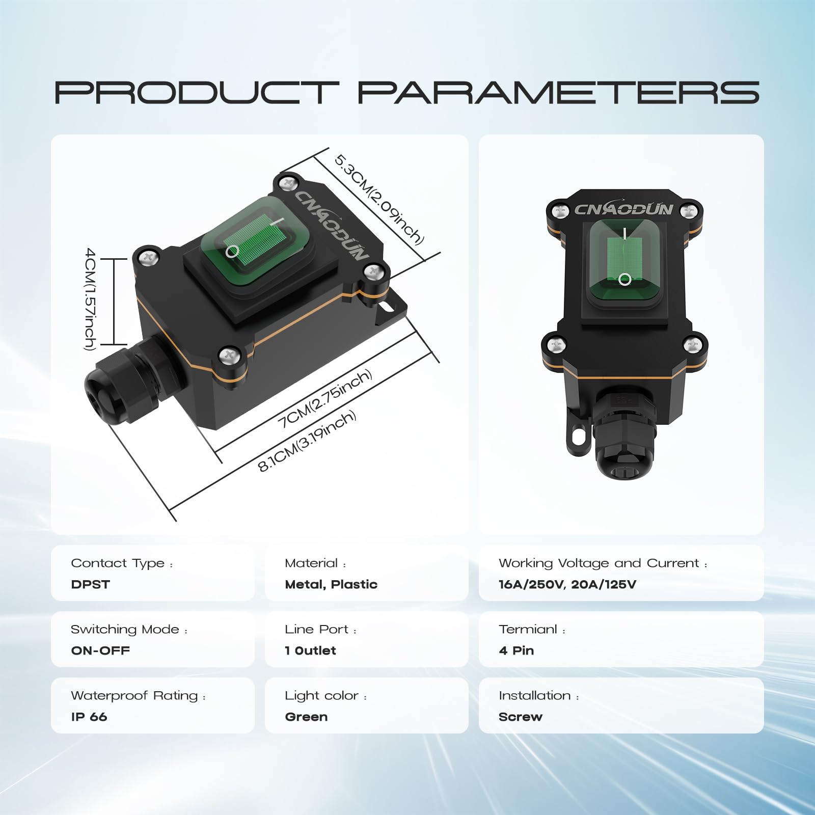 20A-125V 16A-250V AC Waterproof Rocker Switch with Green LED Light - DPST Toggle Power Switch for Outdoor Use - IP66 Rated for Marine, RV & Industrial Applications