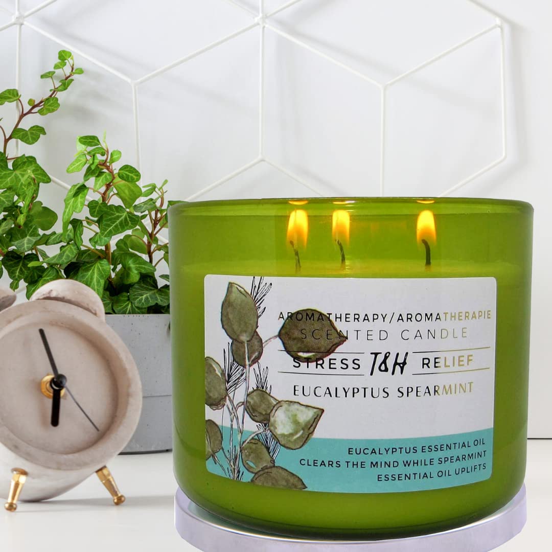 Eucalyptus Spearmint Aromatherapy 3-Wick Soy Candle - 15.8 oz Large Scented Candle for Home, Spa & Office - Long-Lasting Relaxation Gift for Men & Women - Perfect for Stress Relief, Meditation & Romantic Ambiance