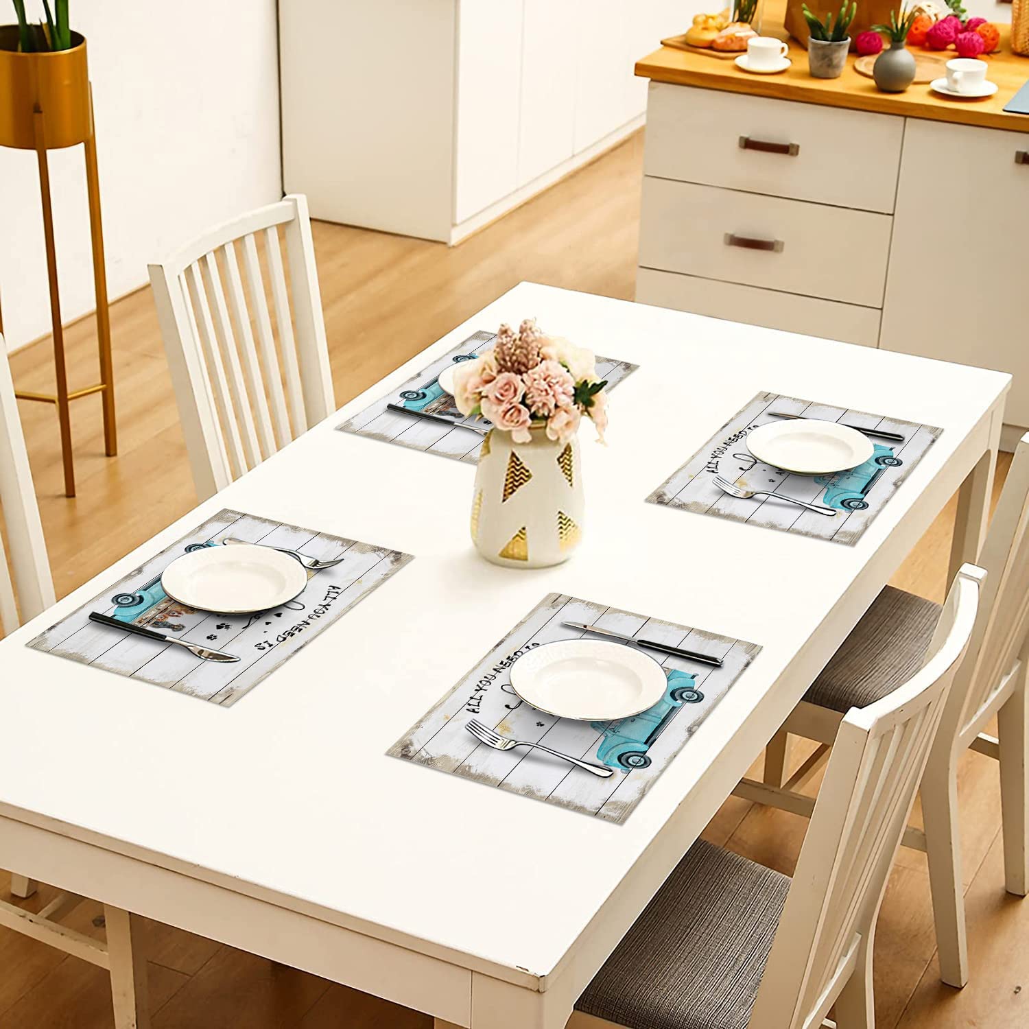 Farmhouse Blue Truck with Dogs Placemats Set of 6 - Stain Resistant Washable Table Mats for Kitchen & Dining - Rustic Wood Grain Design - Perfect for Farmhouse Decor, Family Meals & Holiday Gatherings