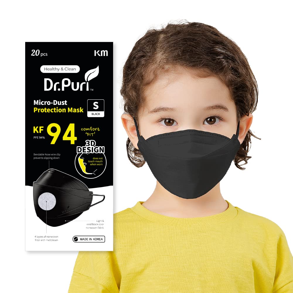 20 Pack KF94 Kids Face Mask - Premium Micro-Dust Protection, Black Small Size - Perfect for School, Travel & Outdoor Activities