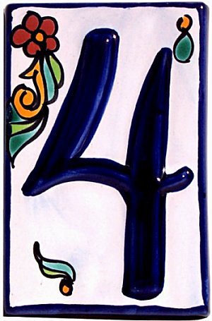 Handmade Colonial Talavera Ceramic House Number 4 - Durable Outdoor Address Plaque for Porch, Garden & Mailbox - Mexican Folk Art Style Home Decor