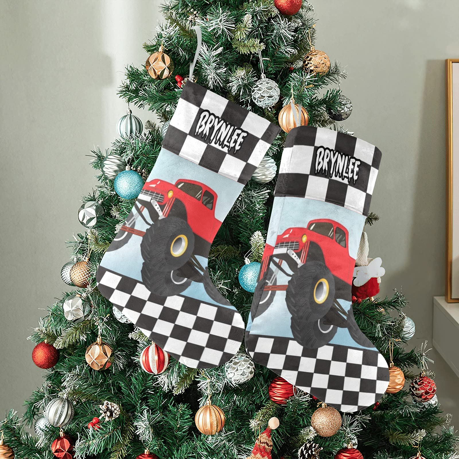 Custom Personalized Red Monster Truck Christmas Stockings with Name - Large Family Holiday Stocking for Adults, Kids, Baby & Pets - Perfect for Xmas Decorations & Gifts for Boys, Girls & Families
