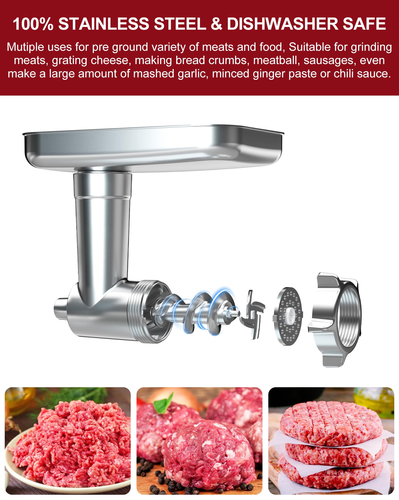 Stainless Steel Food Meat Grinder Attachment for KitchenAid Stand Mixers - 4 Blades & 3 Sausage Stuffer Tubes - Dishwasher Safe - Perfect for Homemade Burgers, Sausages & Pet Food