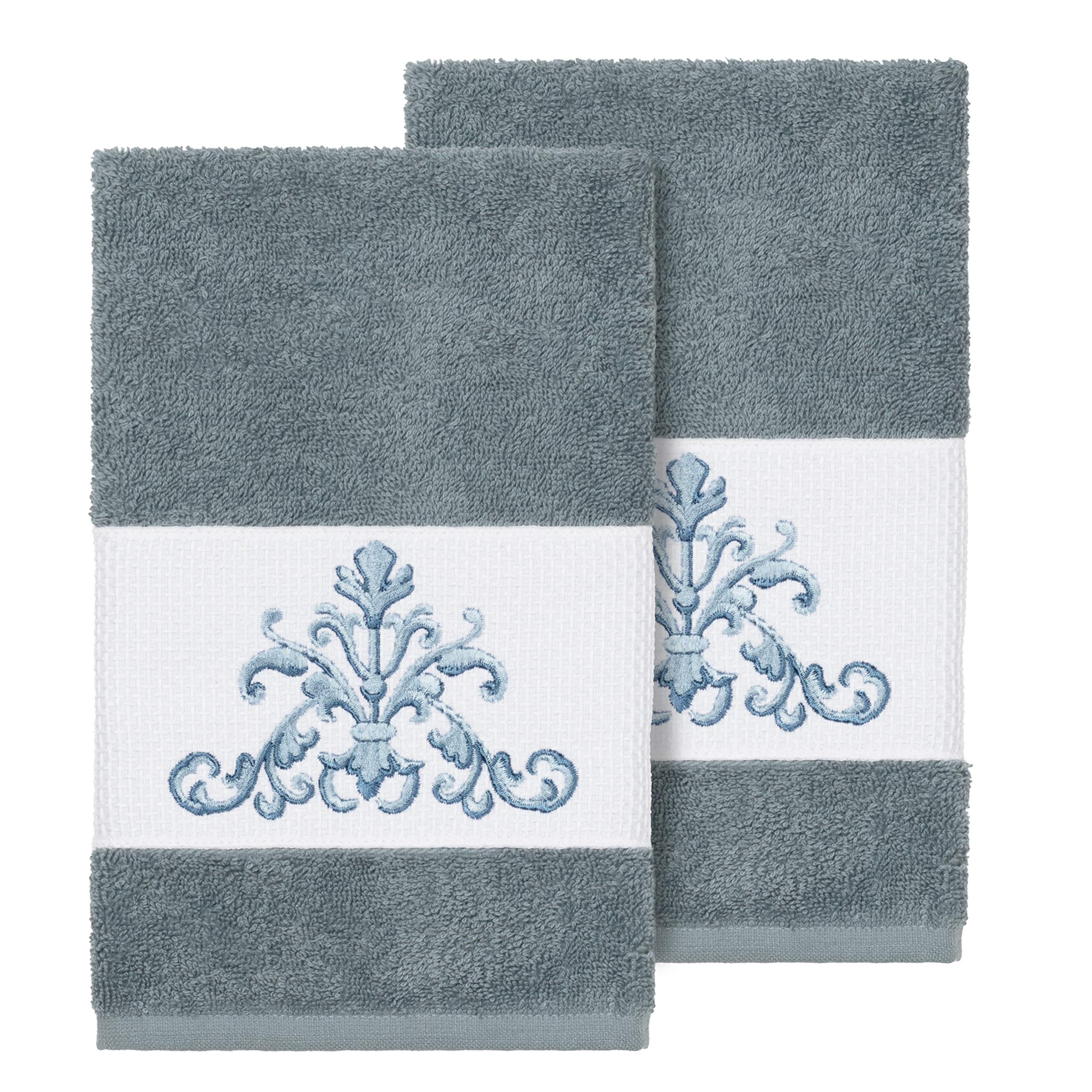 Premium Teal Blue Turkish Cotton Embroidered Hand Towels Set of 2 - Luxury Bathroom & Kitchen Towels for Guest Bath, Spa, and Elegant Home Decor