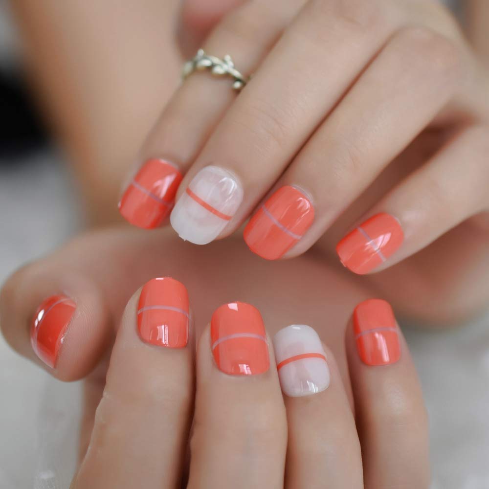 Short Pre-designed Sweet False Nails - Light Orange & Milk White Press On Nail Tips for Women | Round Artificial Nails for Everyday Wear & Special Occasions