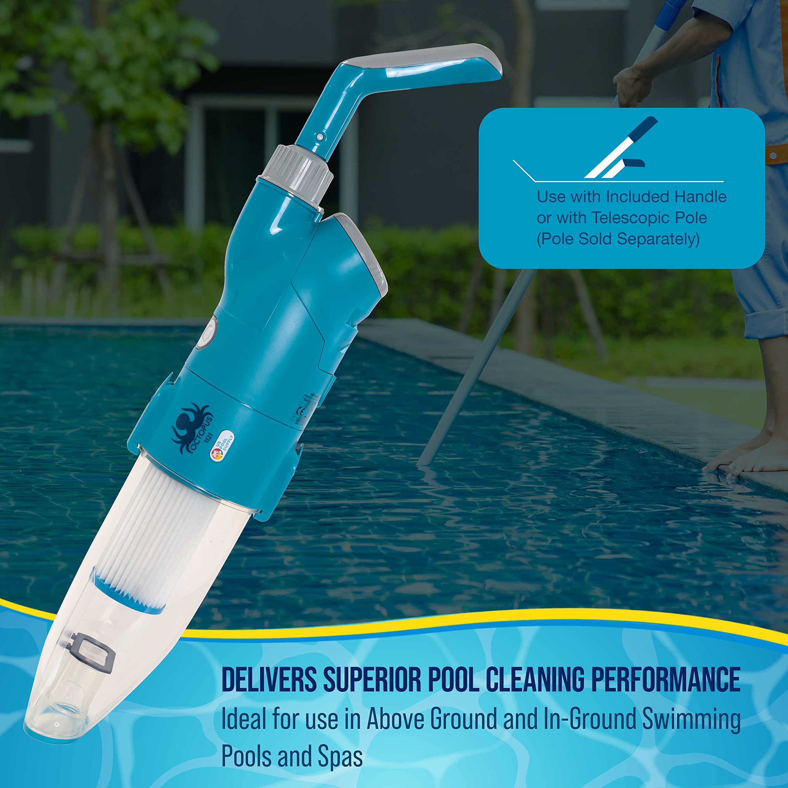 Manual Rechargeable Cordless Pool Vacuum Cleaner - Powerful Suction Handheld Pool Vac for Above Ground & Inground Pools, Hot Tubs, Spas - Includes Scrub Brush Head for Cleaning Leaves & Debris | Perfect for Quick Pool Maintenance & Seasonal Cleaning