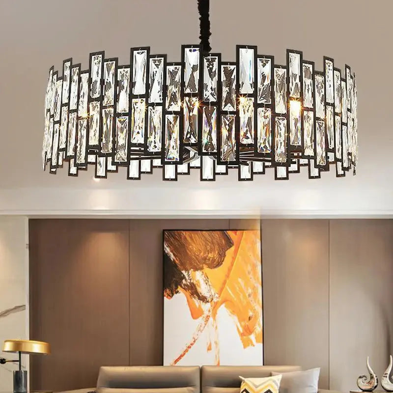 Stylish Round Metal Black Crystal Chandelier - Small/Medium Size for Dining Room, Bedroom & Living Room Lighting Decor