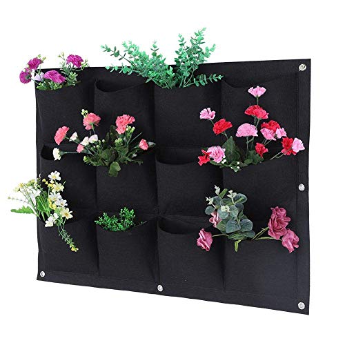 Yosoo 12-Pocket Vertical Hanging Garden Grow Bag - Biodegradable Wall Planter for Herbs, Flowers & Vegetables | Indoor/Outdoor Gardening Solution (Black)