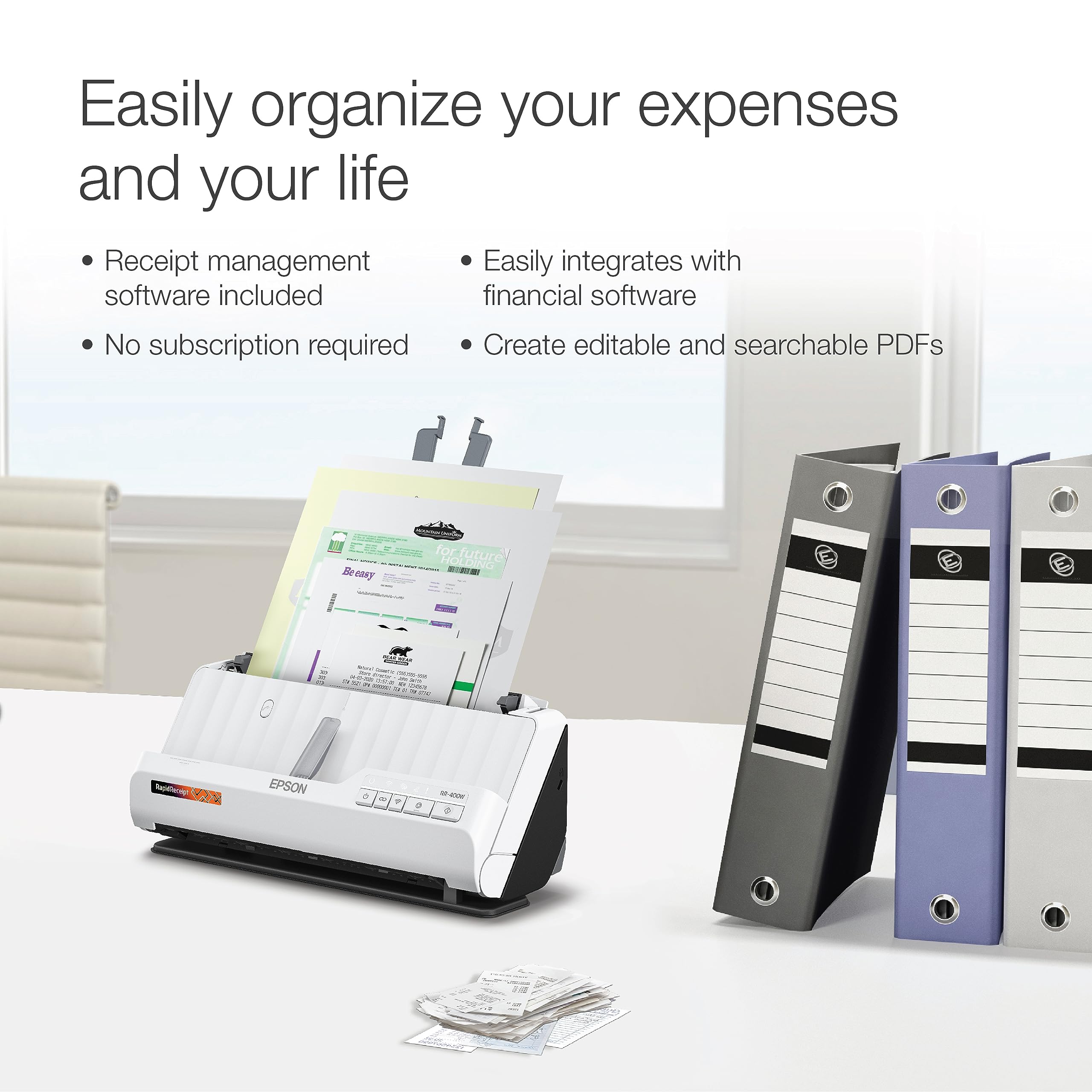 Epson RapidReceipt RR-400W Wireless Desktop Color Duplex Scanner with ScanSmart AI PRO, 20-Page ADF | Compact Receipt & Document Scanner for Home Office, Small Business Accounting | Scan Receipts, Invoices, Contracts to PDF with OCR Technology